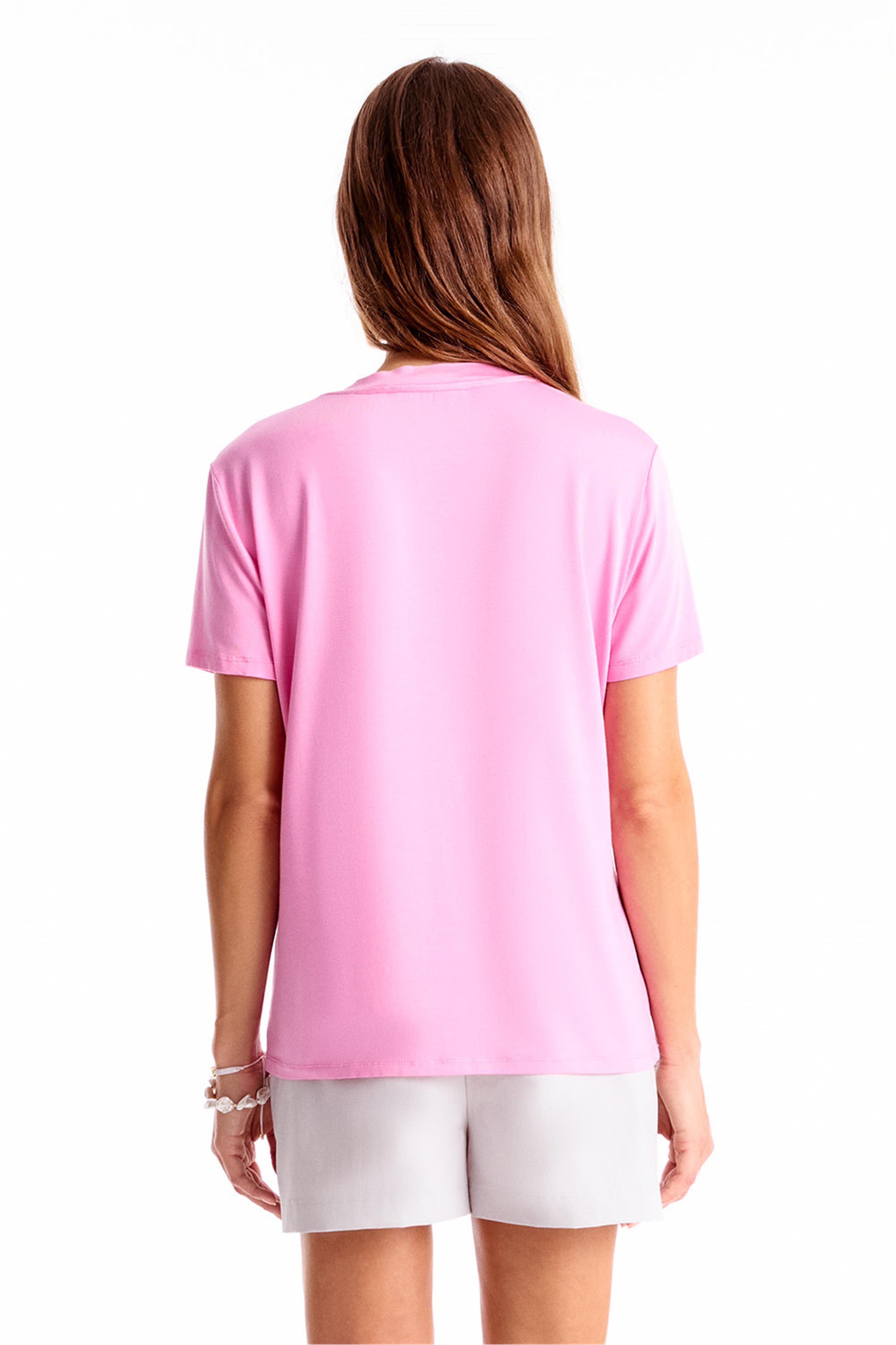 Chuns Pembe Renk Regular Fit Bisiklet Yaka Takma Kol Tişört