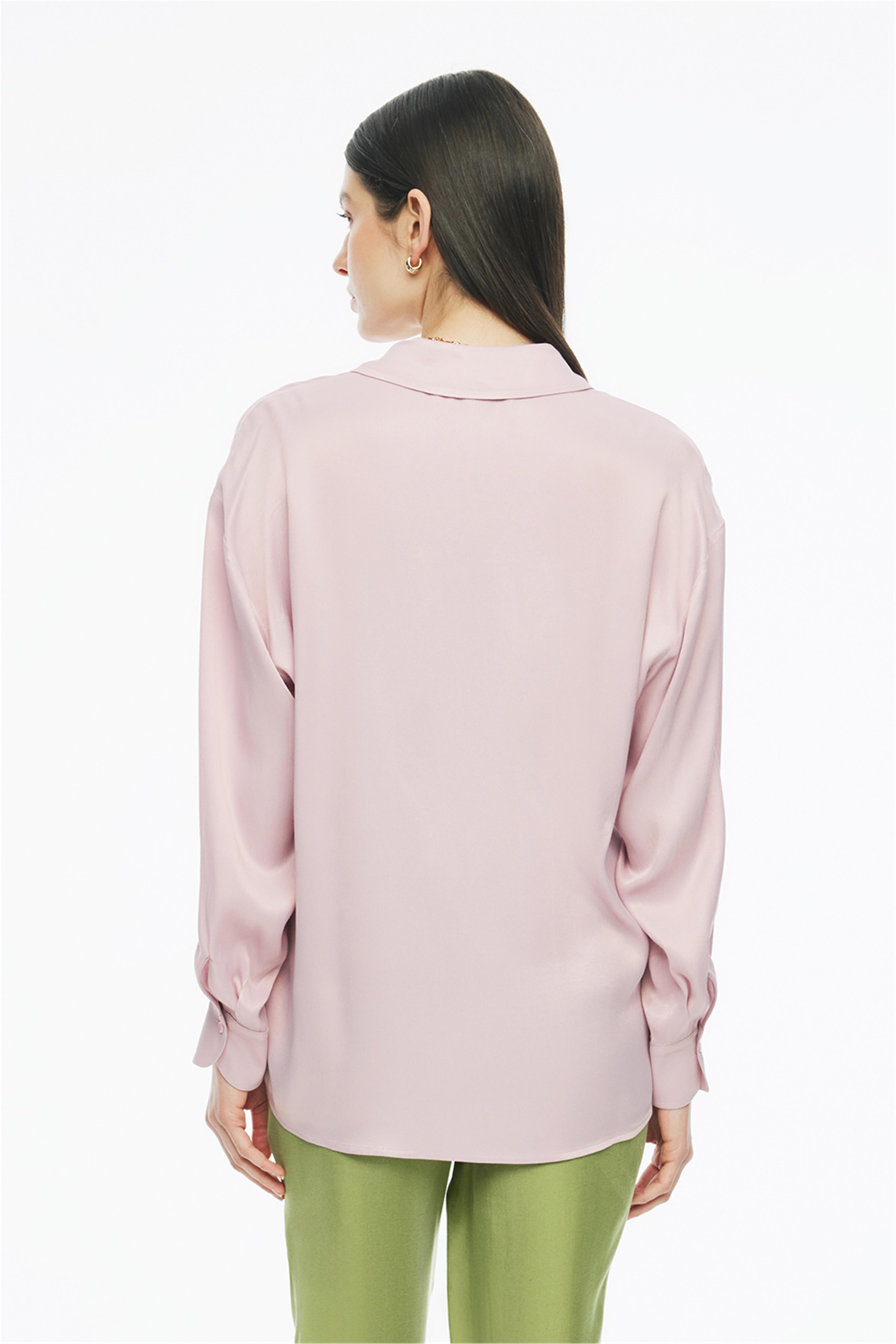 Clarys Regular Fit Standart Boy Takma Kol V-Yaka Pembe Renk Kadın Gömlek