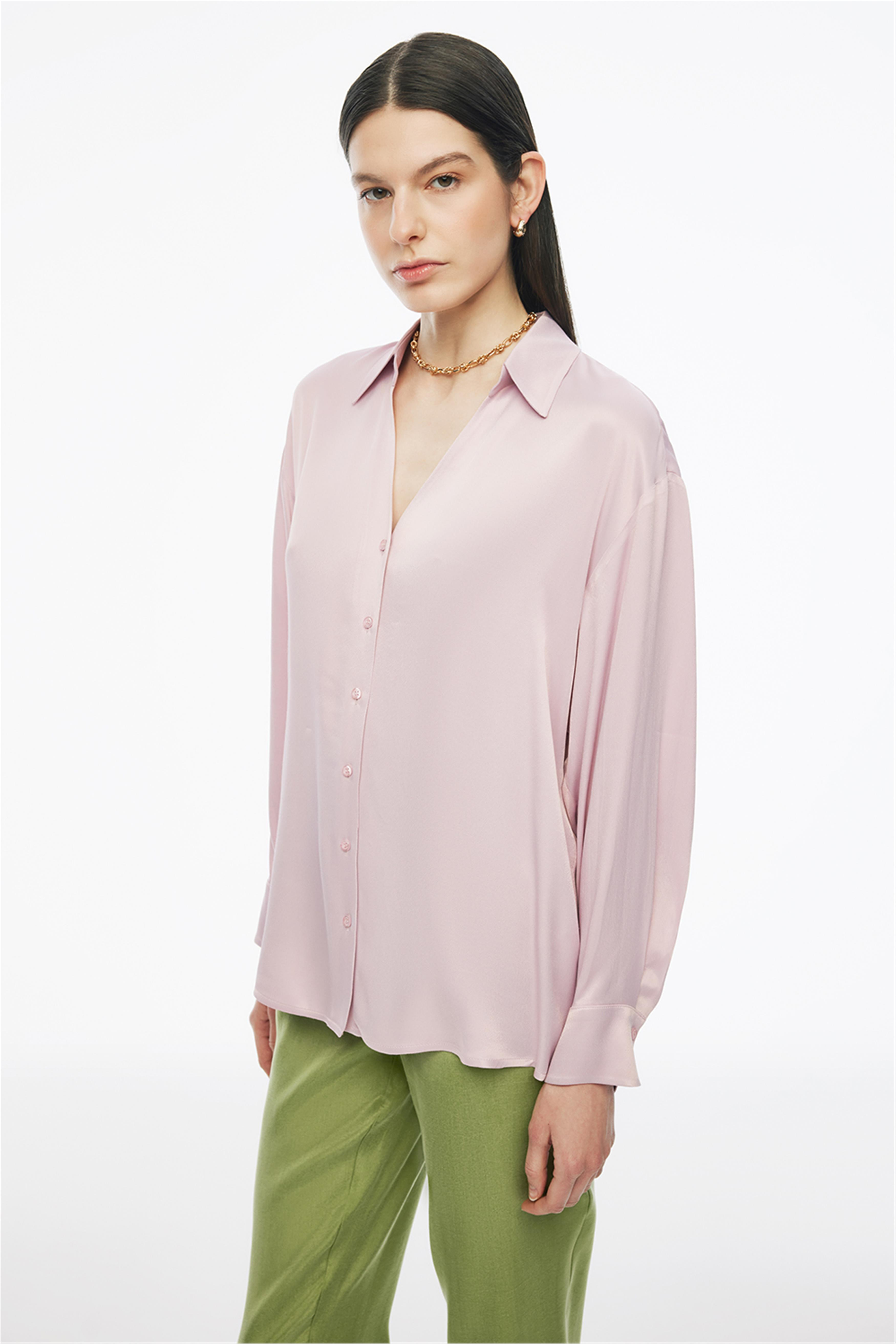 Clarys Regular Fit Standart Boy Takma Kol V-Yaka Pembe Renk Kadın Gömlek