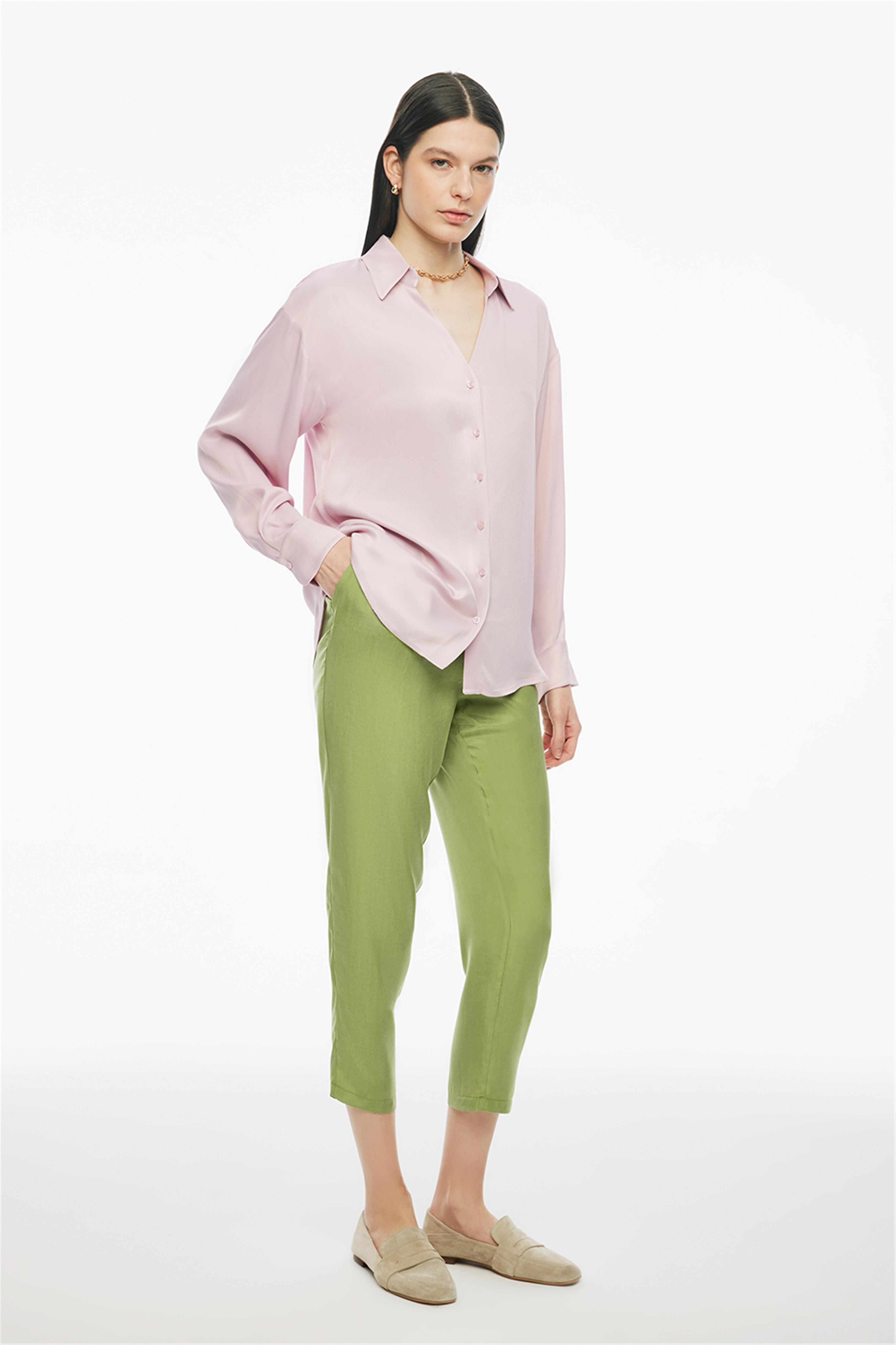 Clarys Regular Fit Standart Boy Takma Kol V-Yaka Pembe Renk Kadın Gömlek