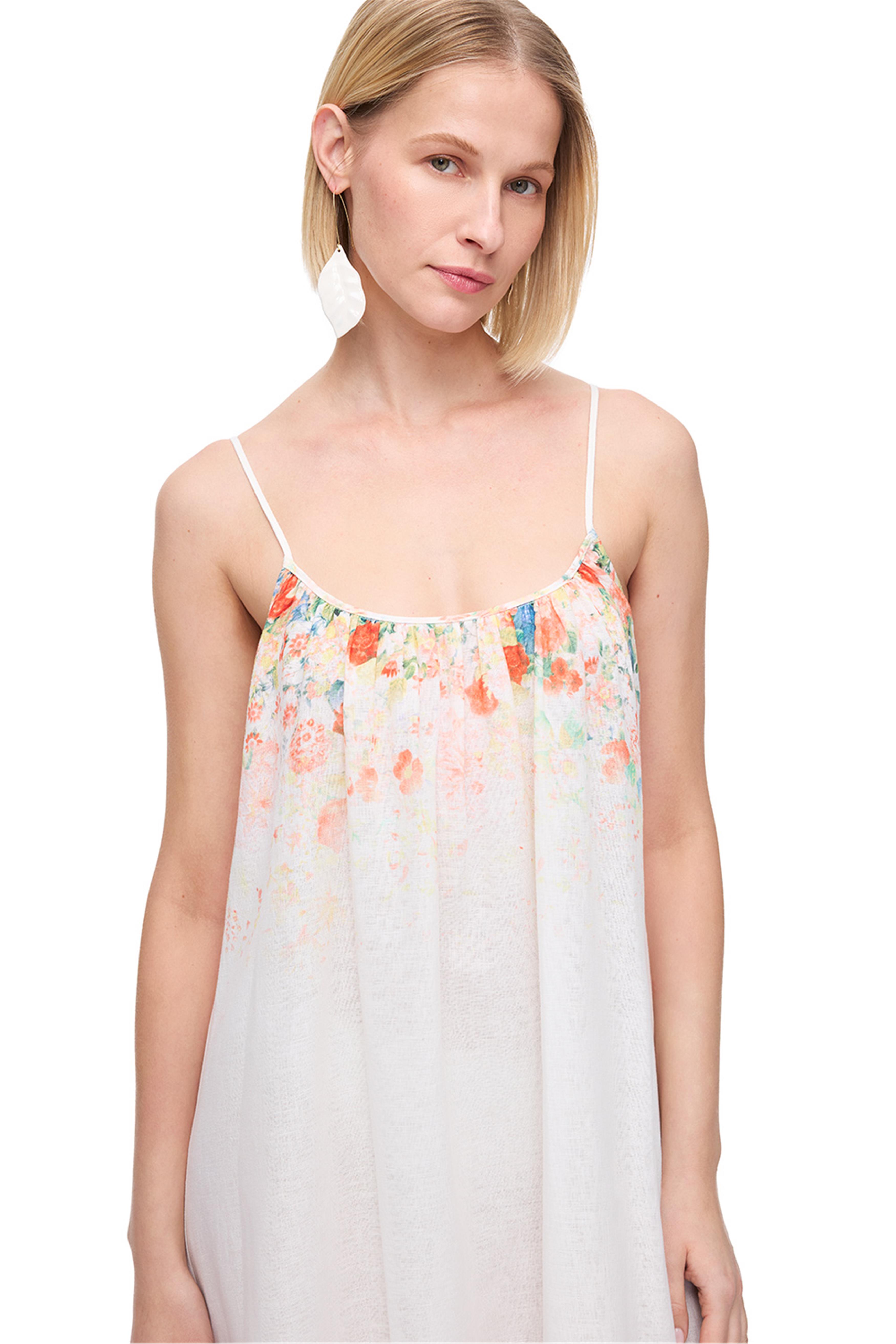 Çok Renkli Askılı Keten Karışımlı Midi Elbise