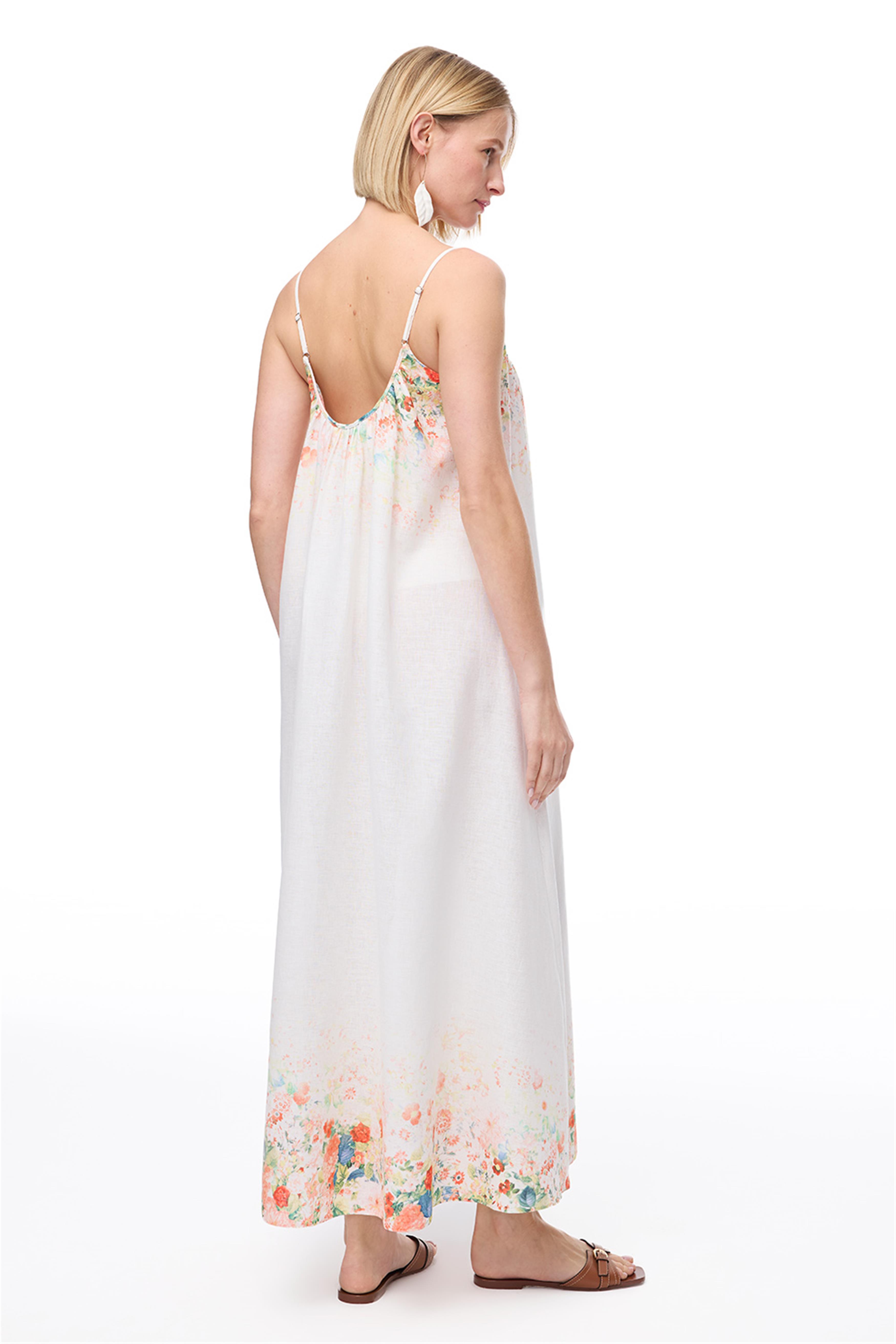 Çok Renkli Askılı Keten Karışımlı Midi Elbise