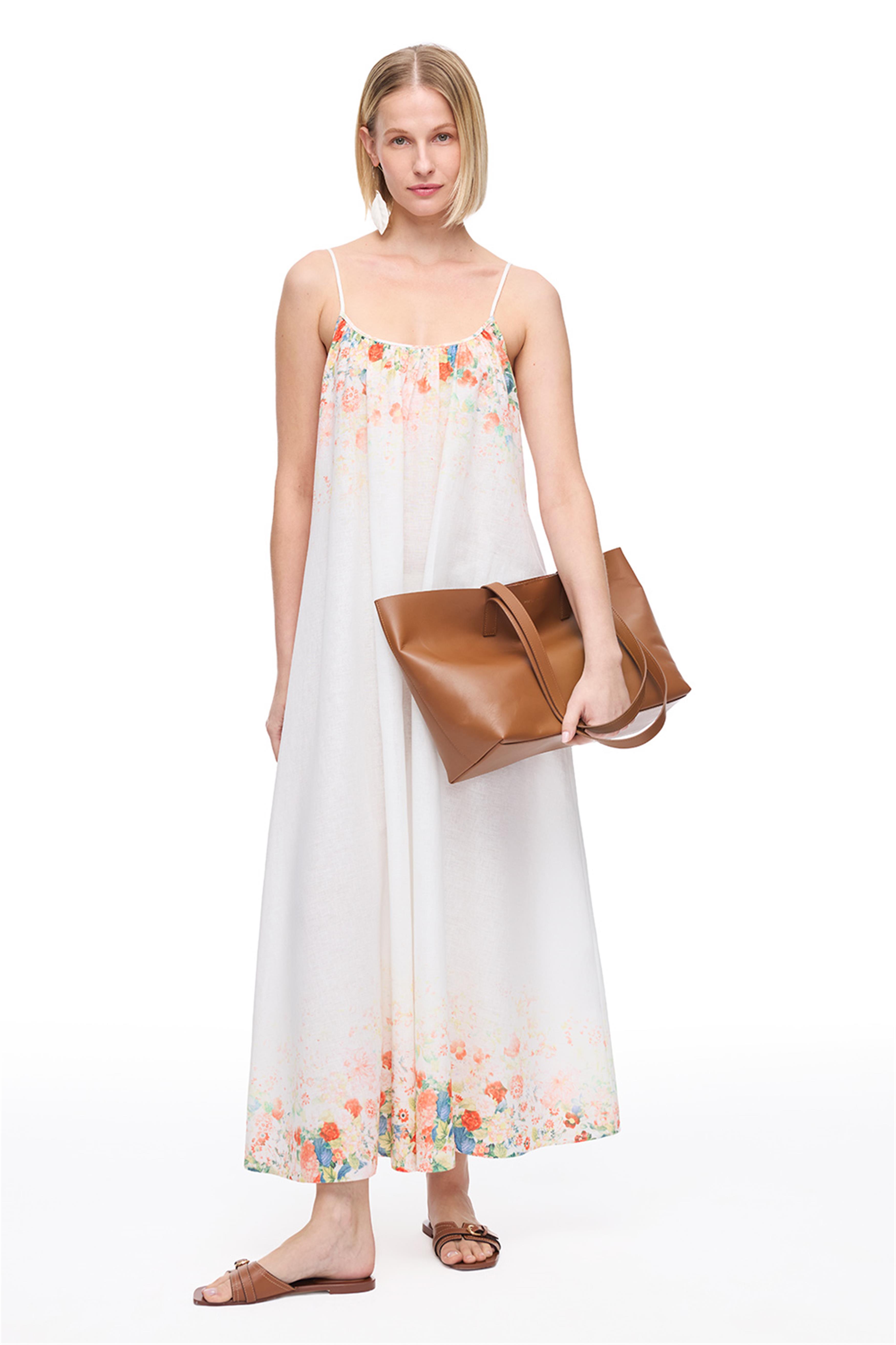 Çok Renkli Askılı Keten Karışımlı Midi Elbise