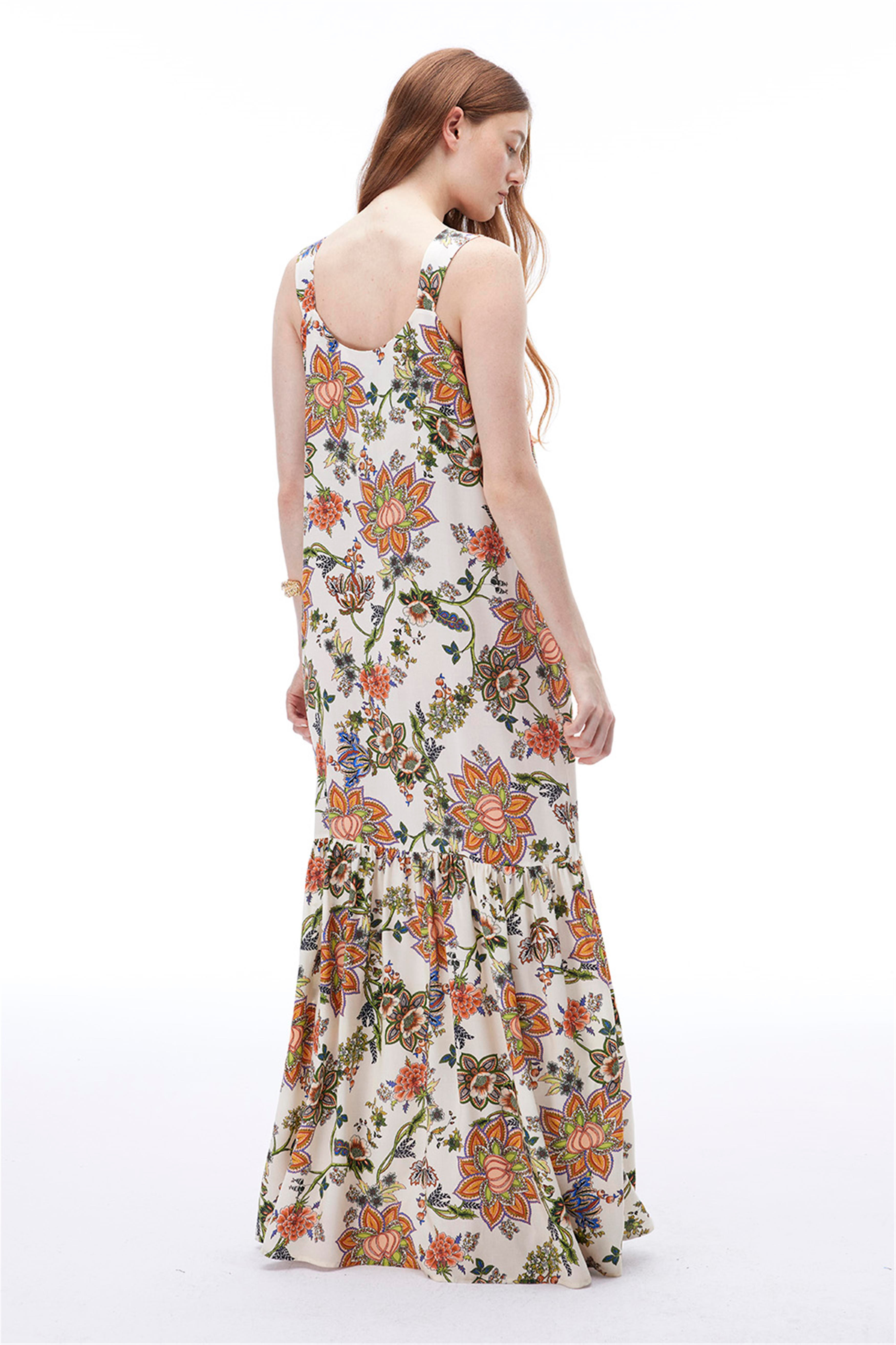 Çok Renkli Çiçek Desenli Askılı Pamuk Elbise