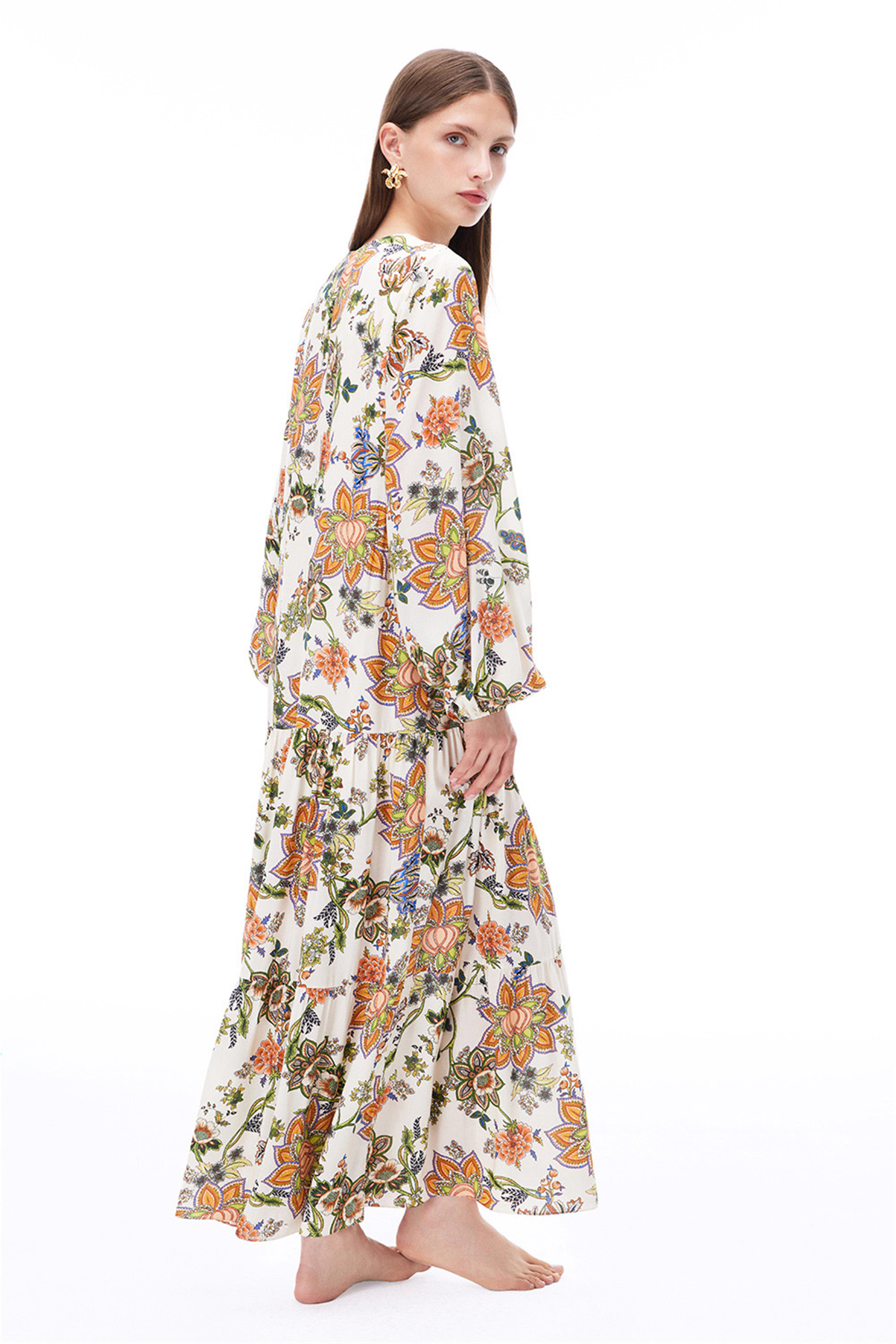 Çok Renkli Çiçek Desenli Uzun Elbise
