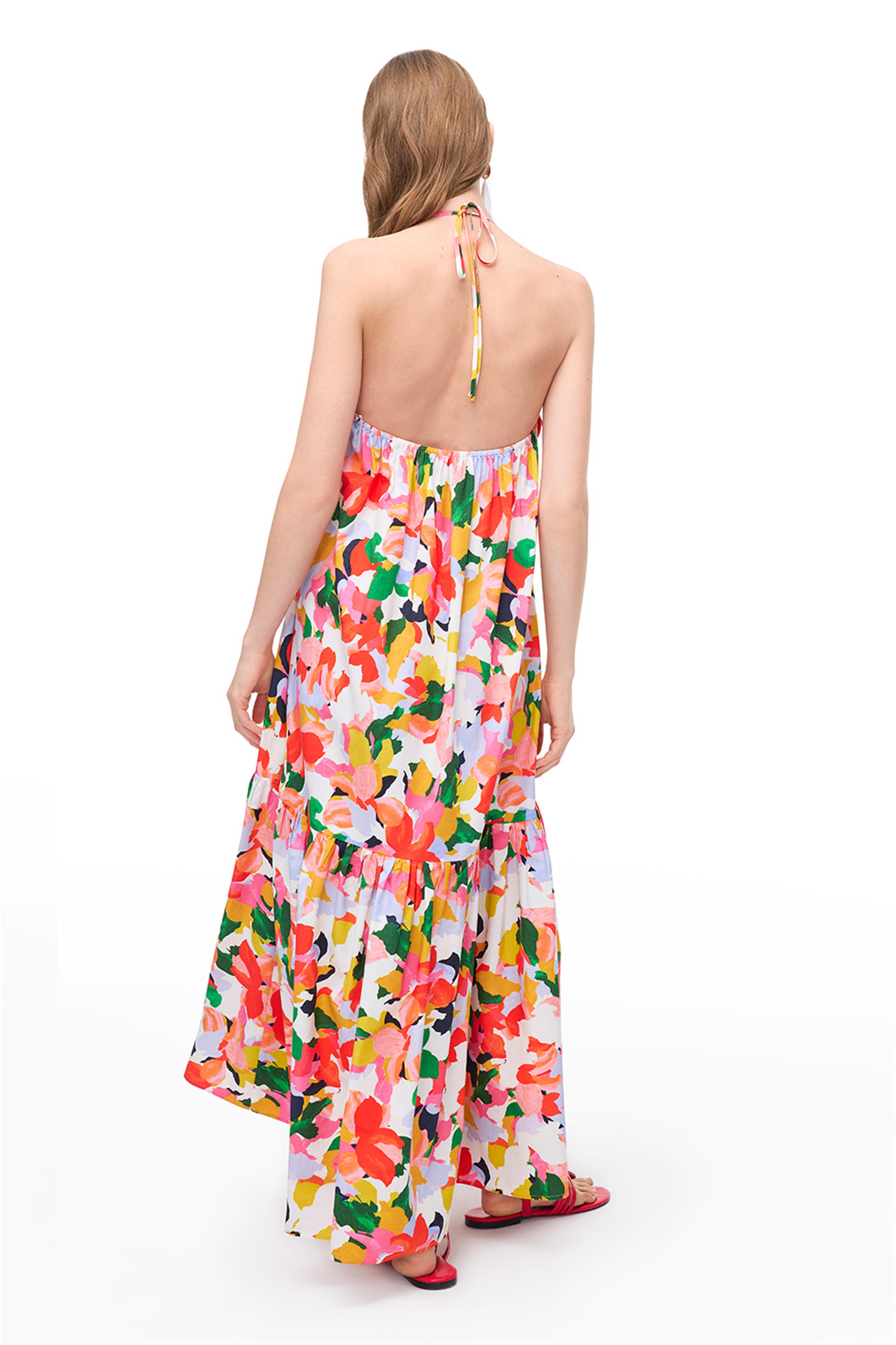 Çok Renkli Çiçek Desenli V-Yaka Pamuklu Elbise