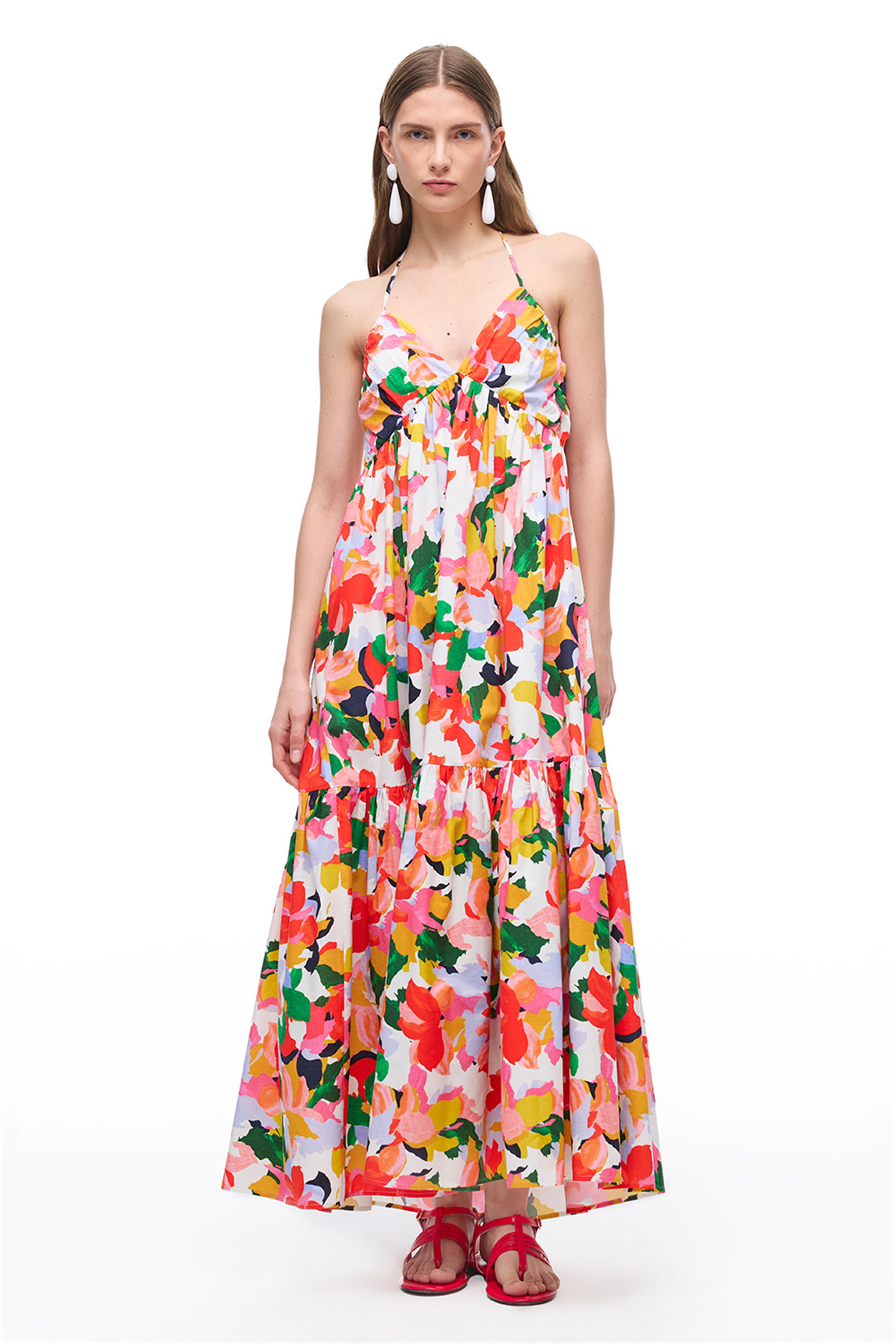 Çok Renkli Çiçek Desenli V-Yaka Pamuklu Elbise