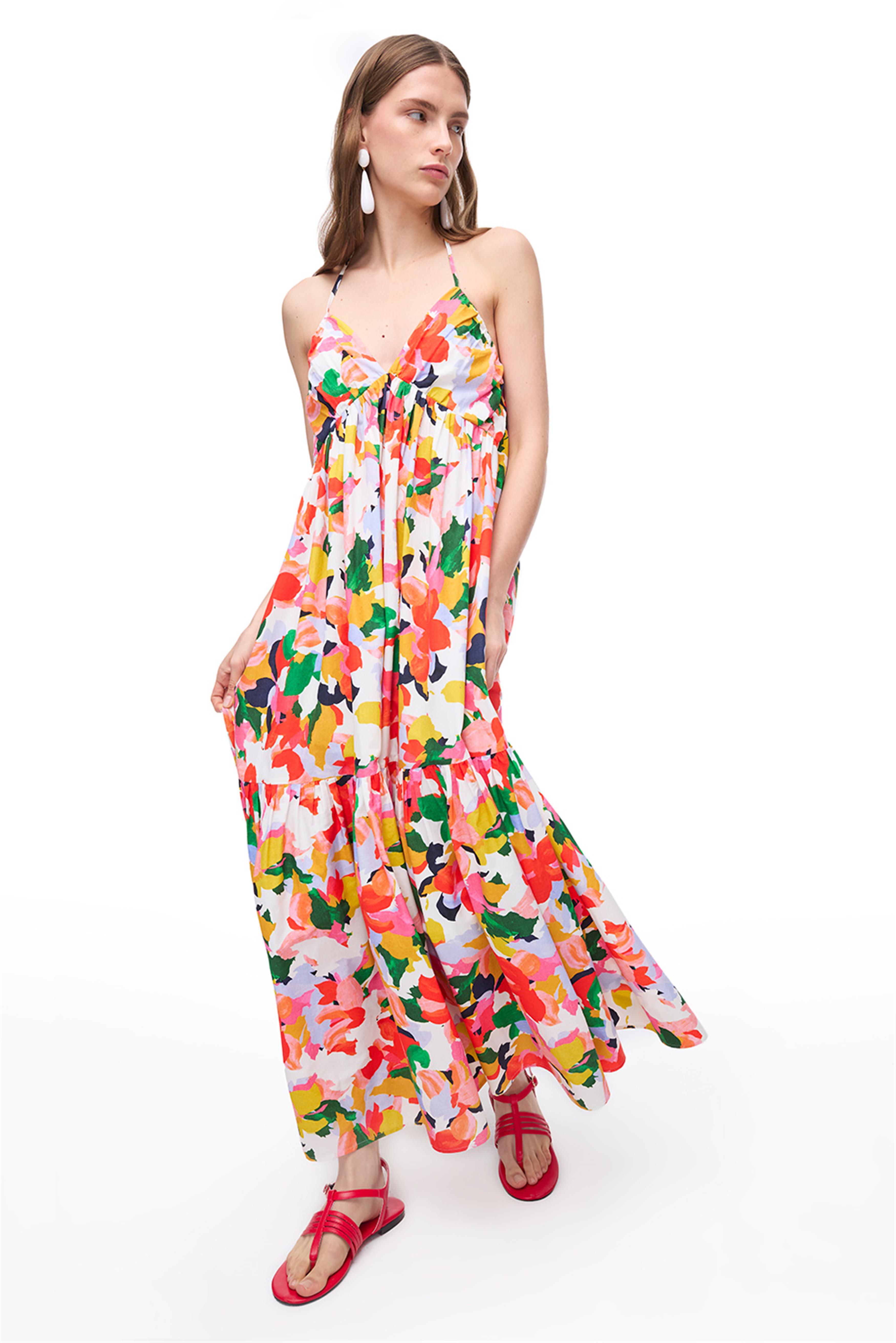 Çok Renkli Çiçek Desenli V-Yaka Pamuklu Elbise