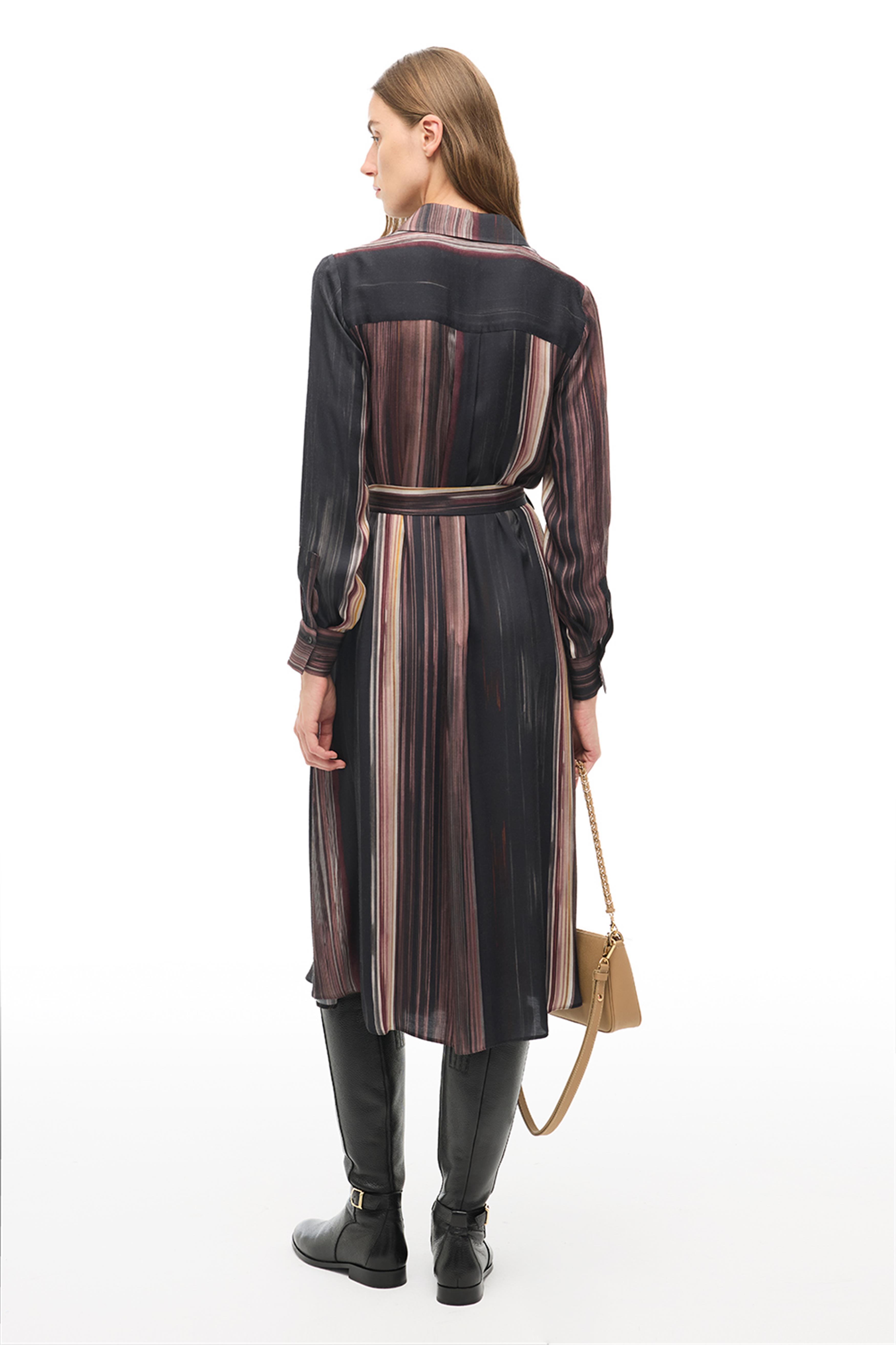 Çok Renkli Çizgili Gömlek Yaka Midi Elbise