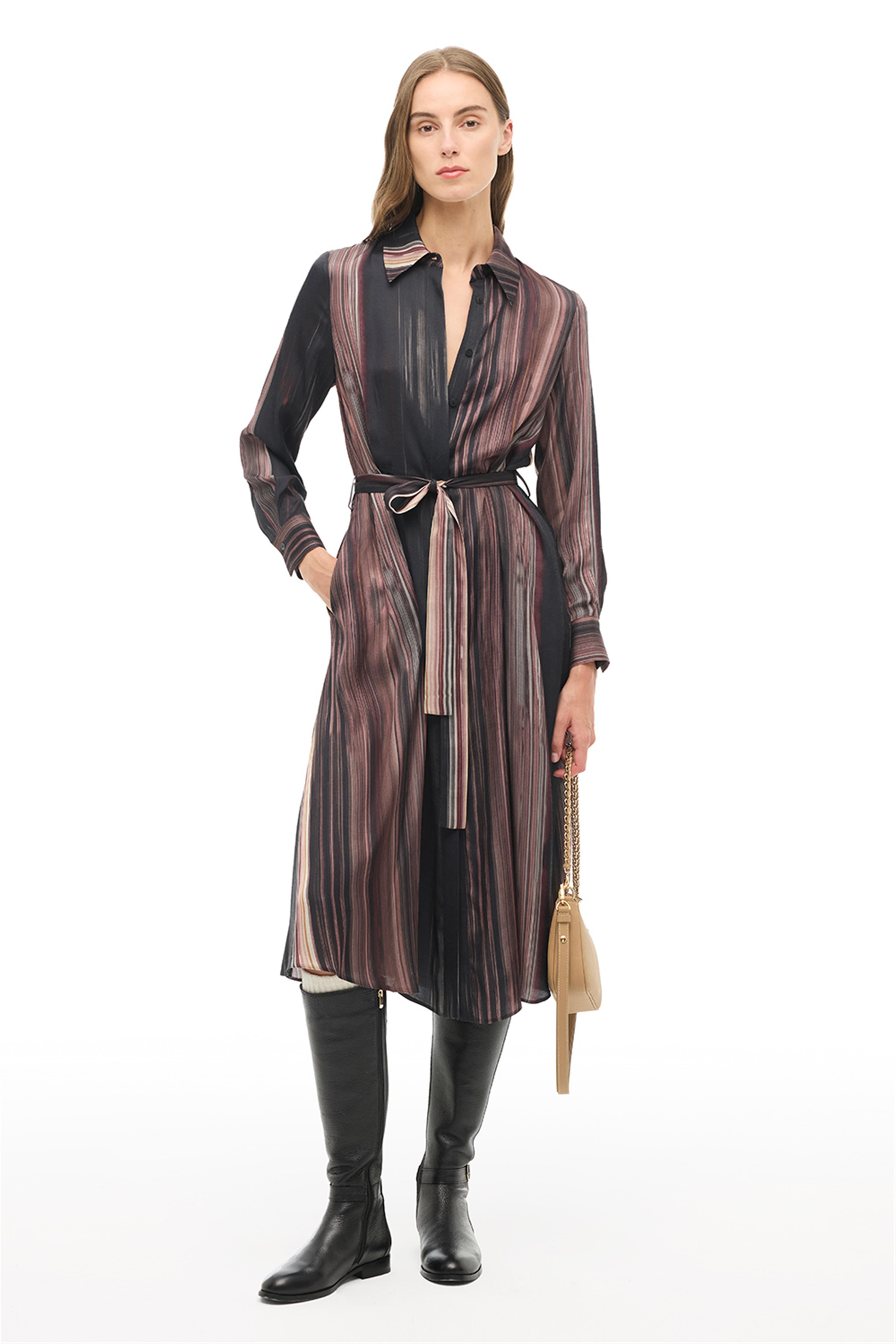 Çok Renkli Çizgili Gömlek Yaka Midi Elbise