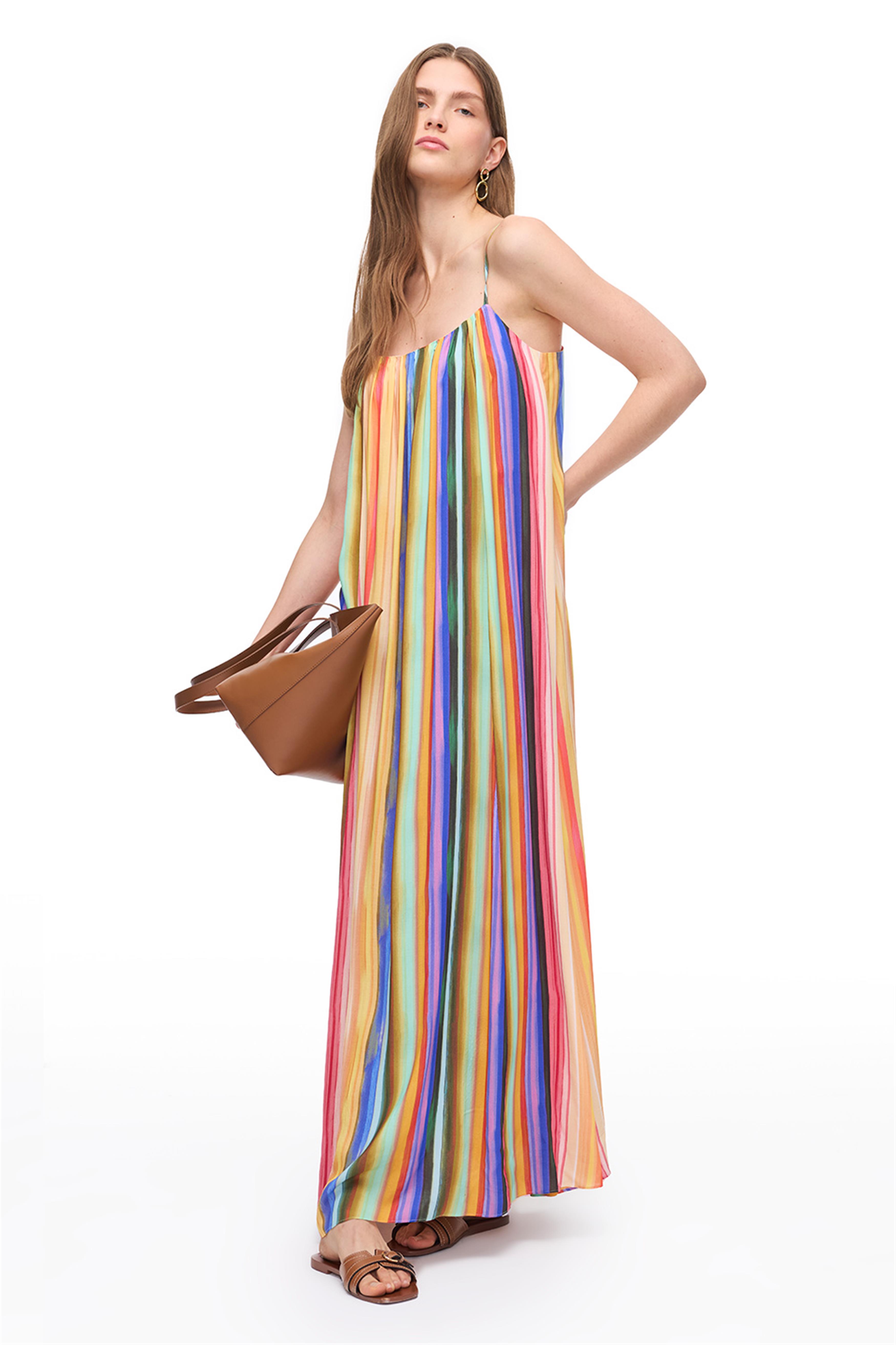 Çok Renkli Çizgili Uzun Elbise