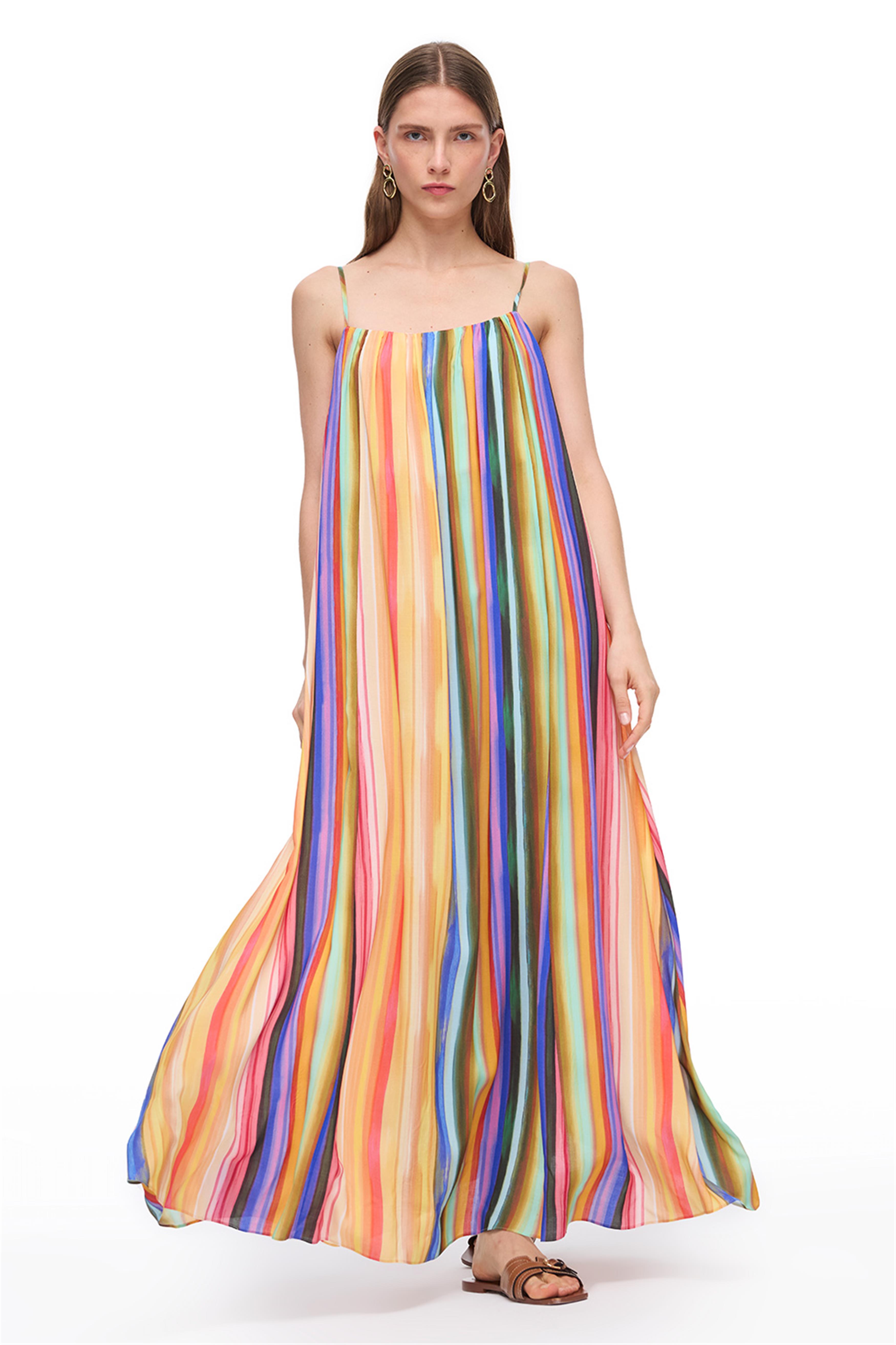 Çok Renkli Çizgili Uzun Elbise