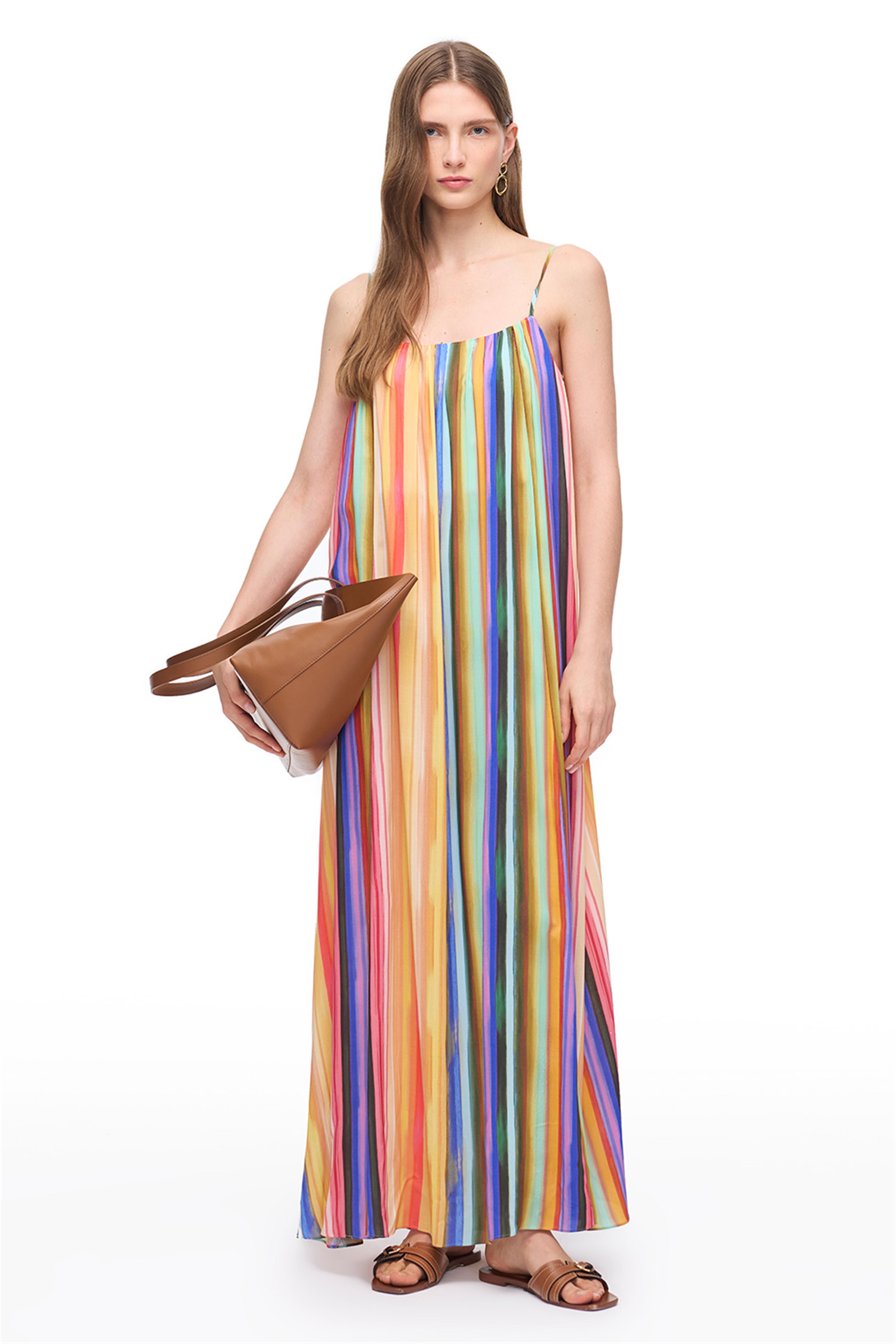 Çok Renkli Çizgili Uzun Elbise