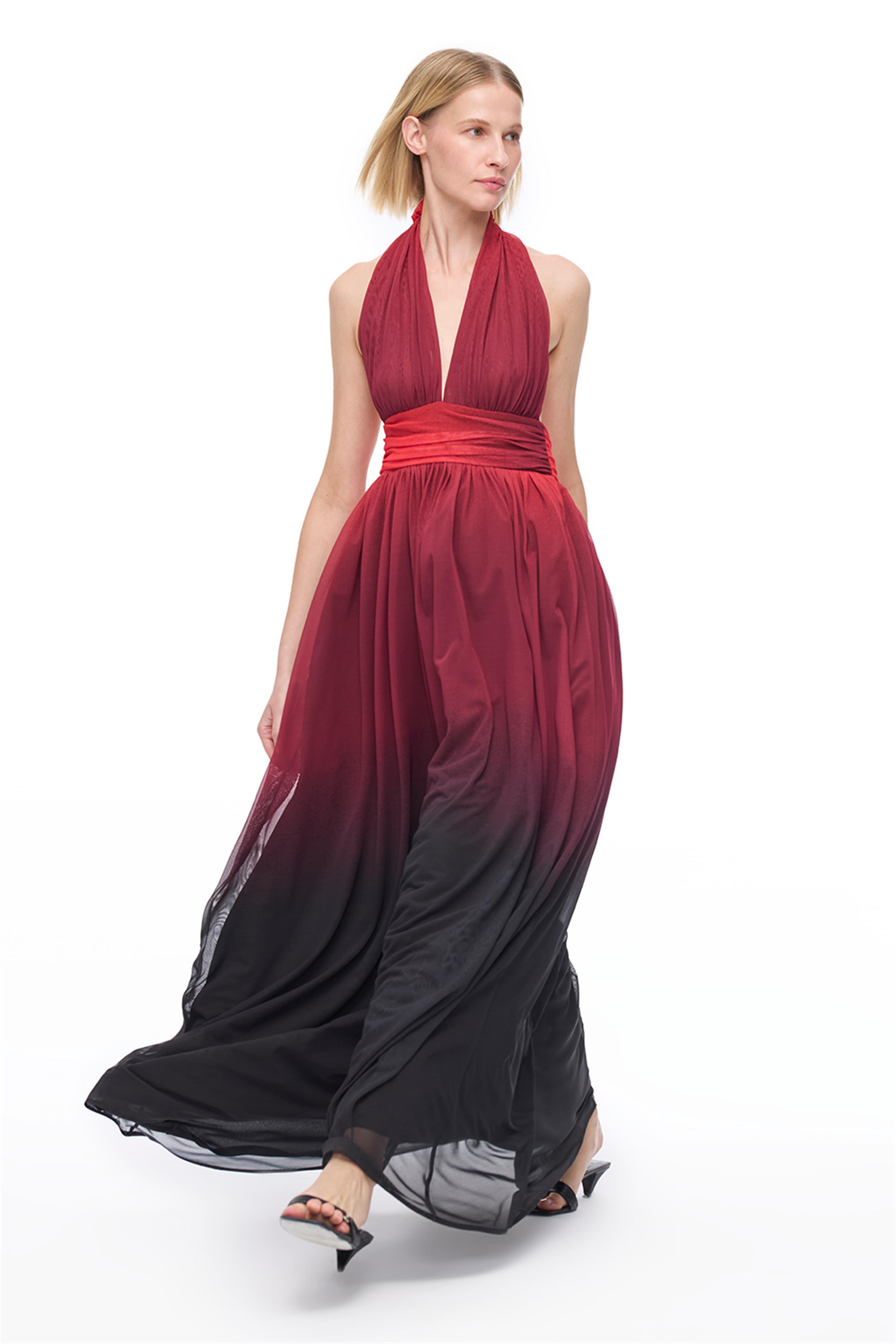 Çok Renkli Degrade Efektli Uzun Şifon Elbise