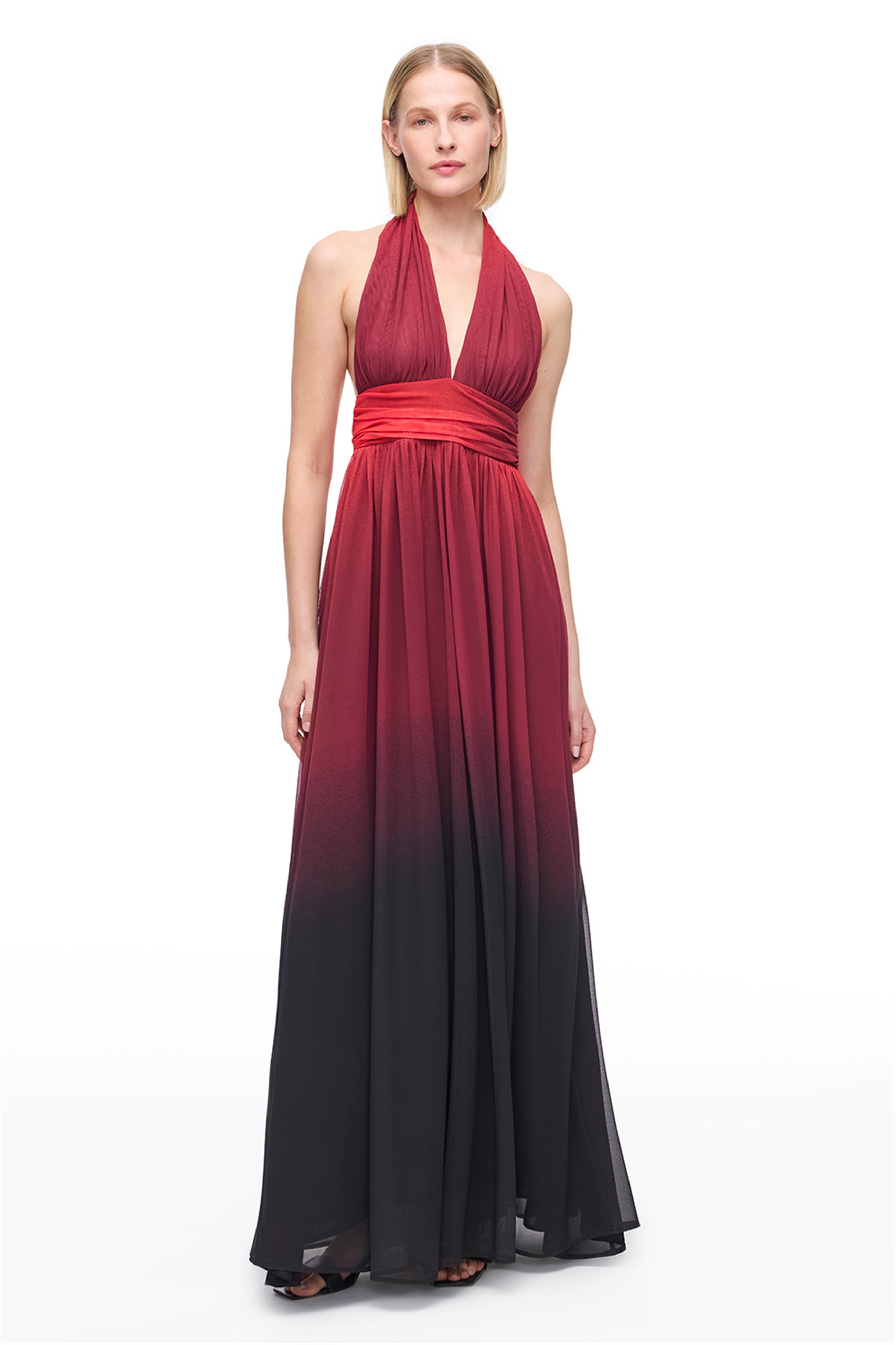 Çok Renkli Degrade Efektli Uzun Şifon Elbise