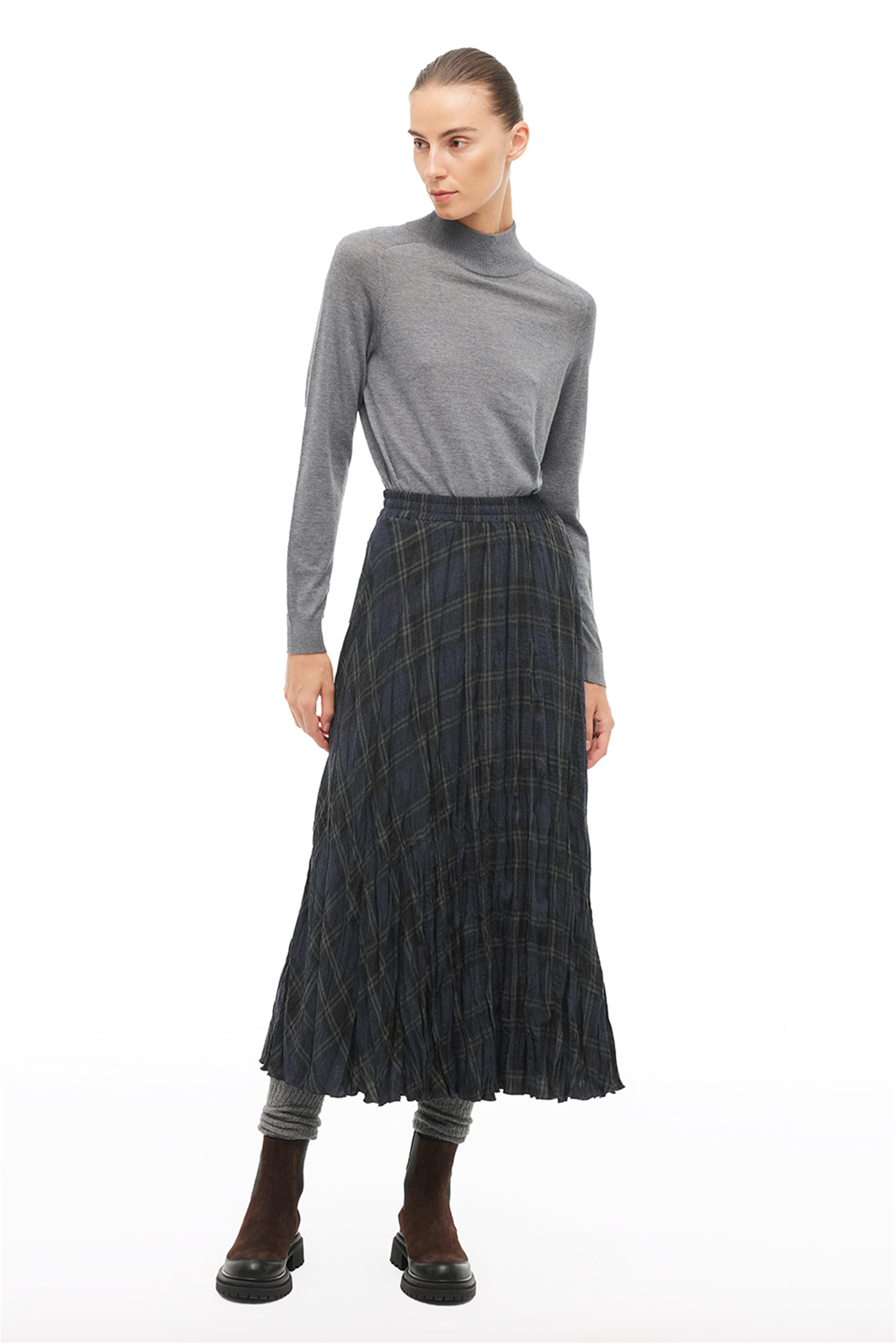 Çok Renkli Ekoseli Slim Fit Midi Etek