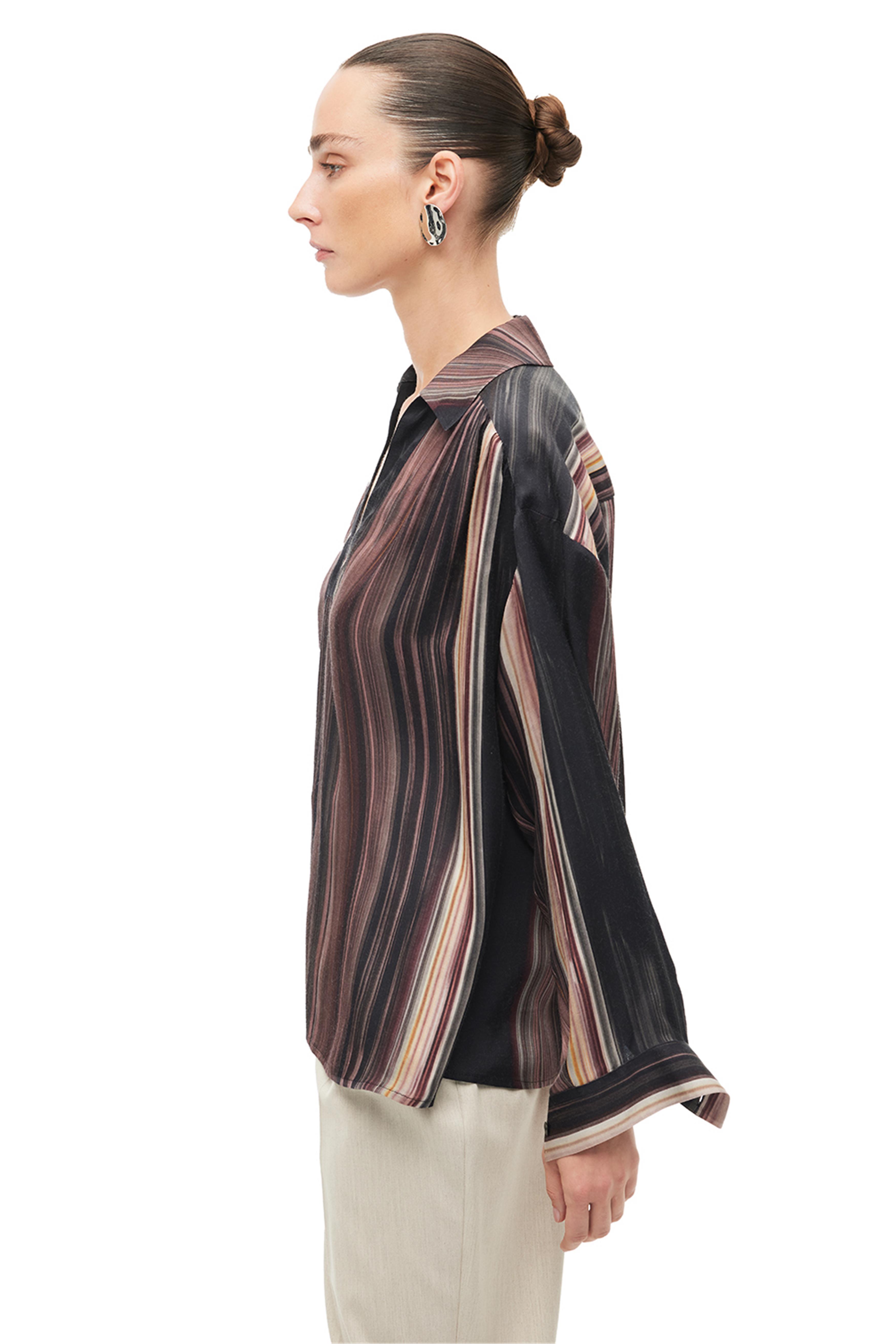 Çok Renkli Gömlek Yaka Çizgili Bluz