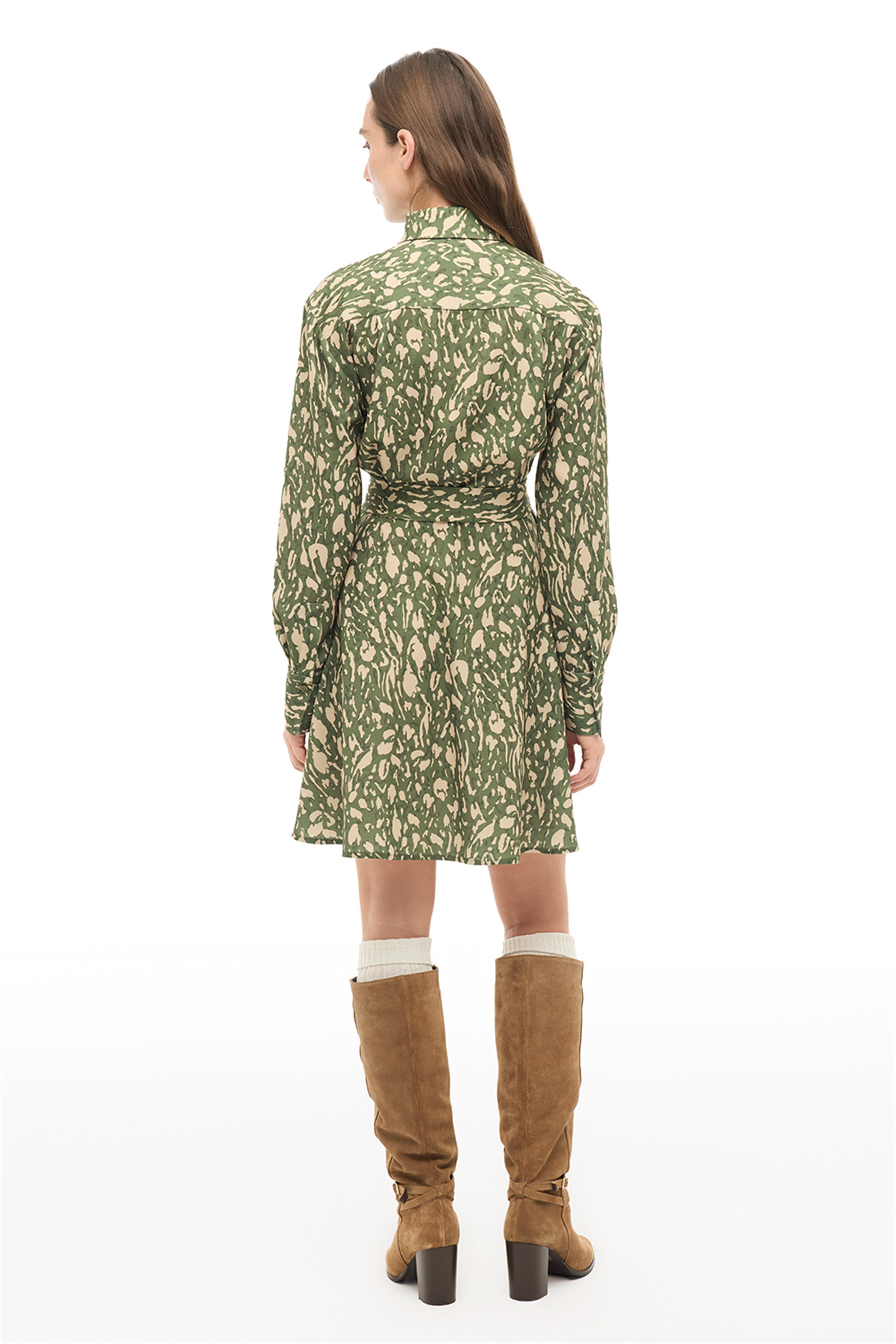 Çok Renkli Gömlek Yaka Leopar Kısa Elbise