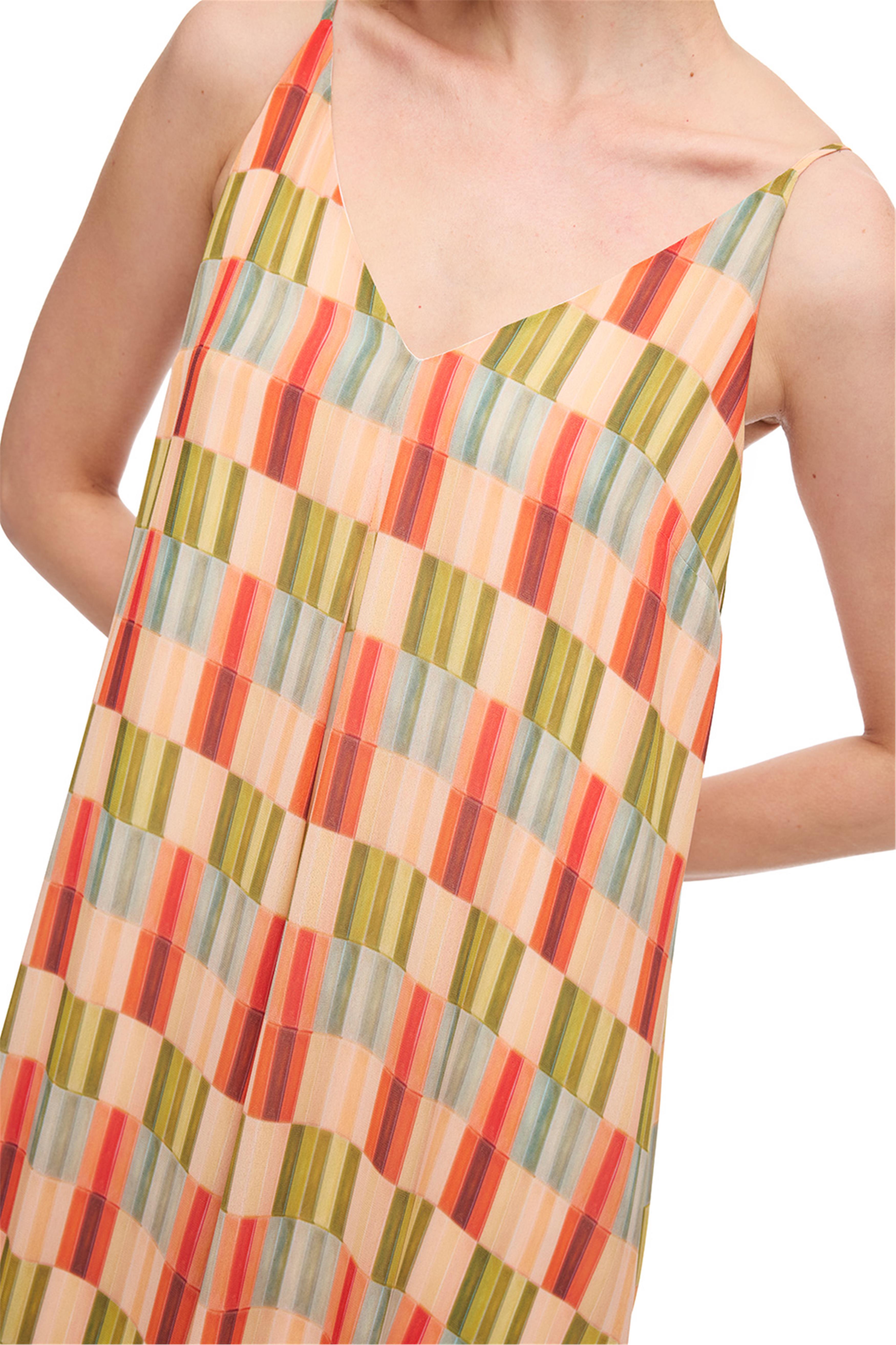 Çok Renkli V-Yaka Askılı Geometrik Desenli Uzun Elbise