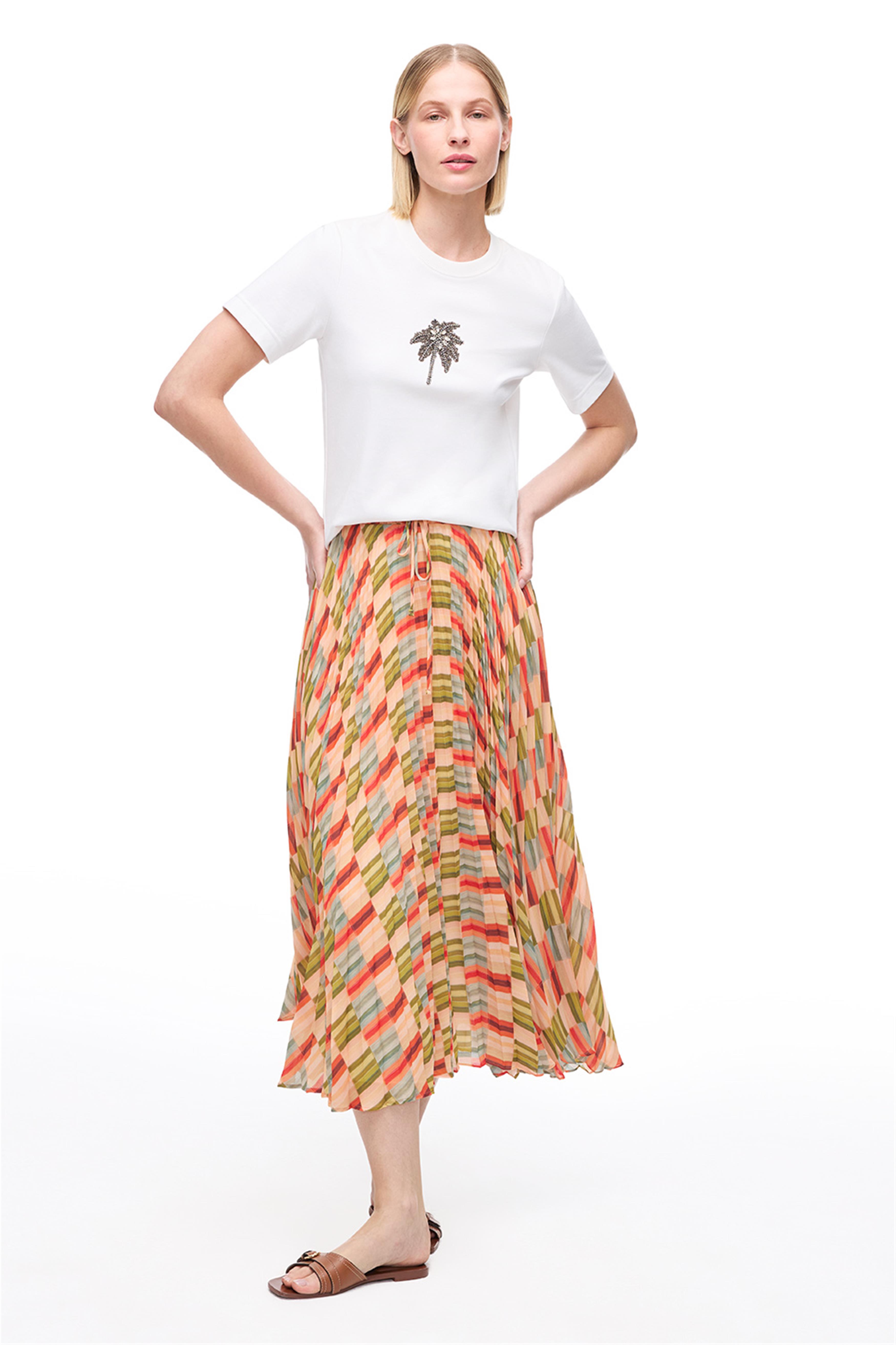 Çok Renkli Yüksek Bel Düz Kesim Midi Etek