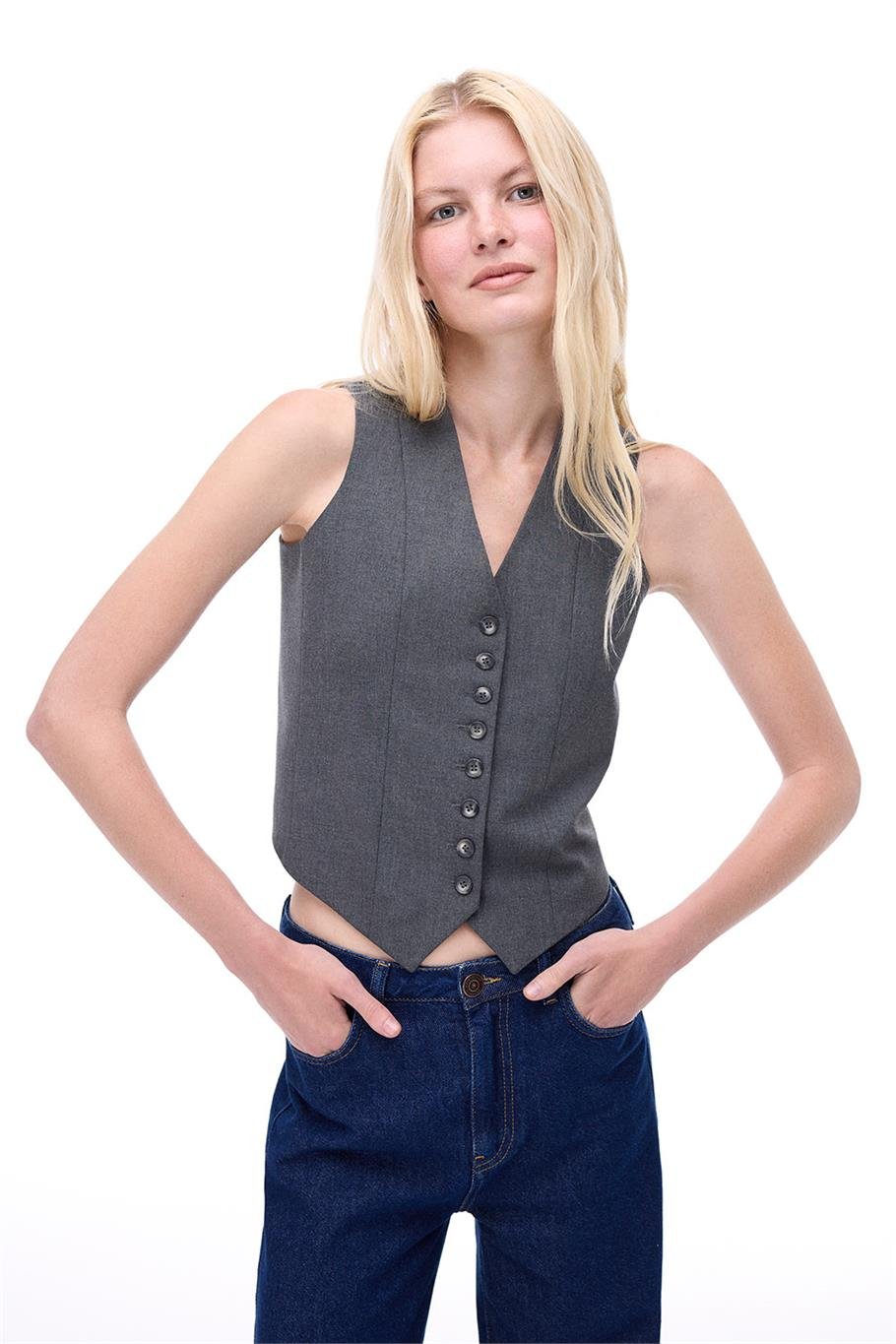 Dalvas Slim Fit Kısa Boy Sıfır Kol V-Yaka Antrasit Yelek