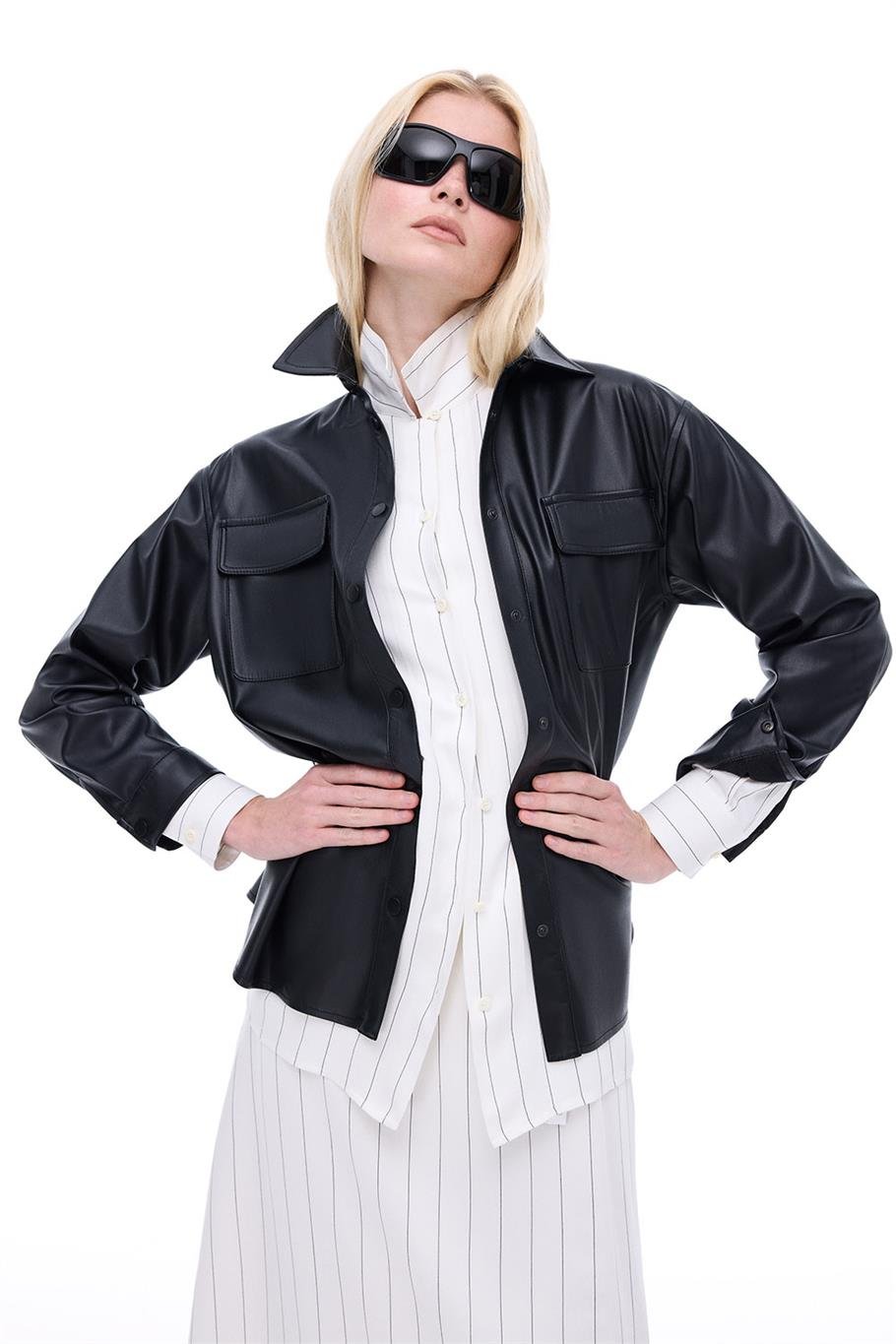 Dark Rahat Kalıp Takma Kol Gömlek Yaka Siyah Renk Kadın Gömlek