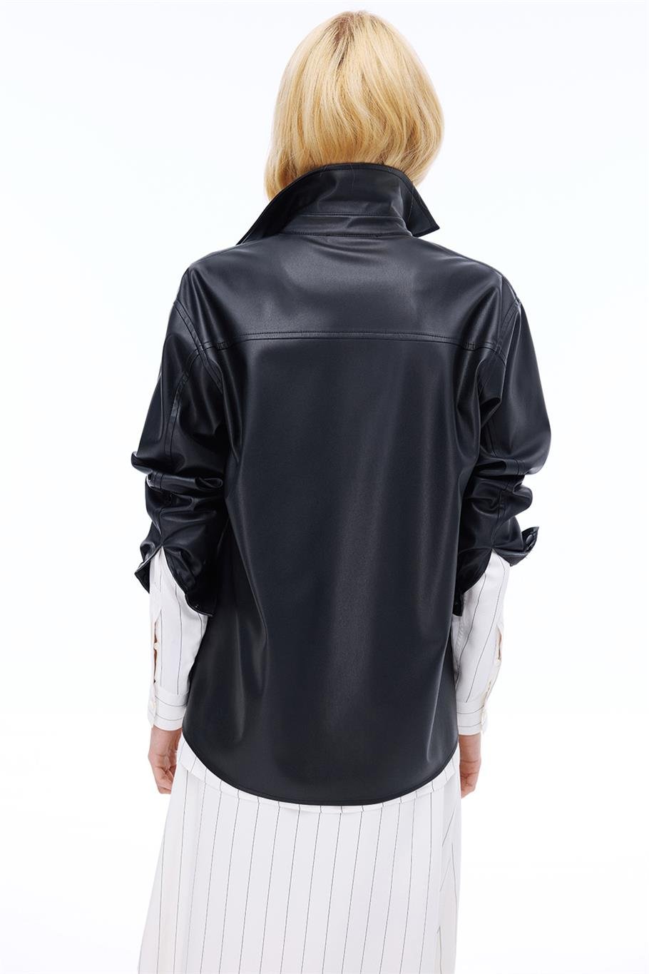 Dark Rahat Kalıp Takma Kol Gömlek Yaka Siyah Renk Kadın Gömlek