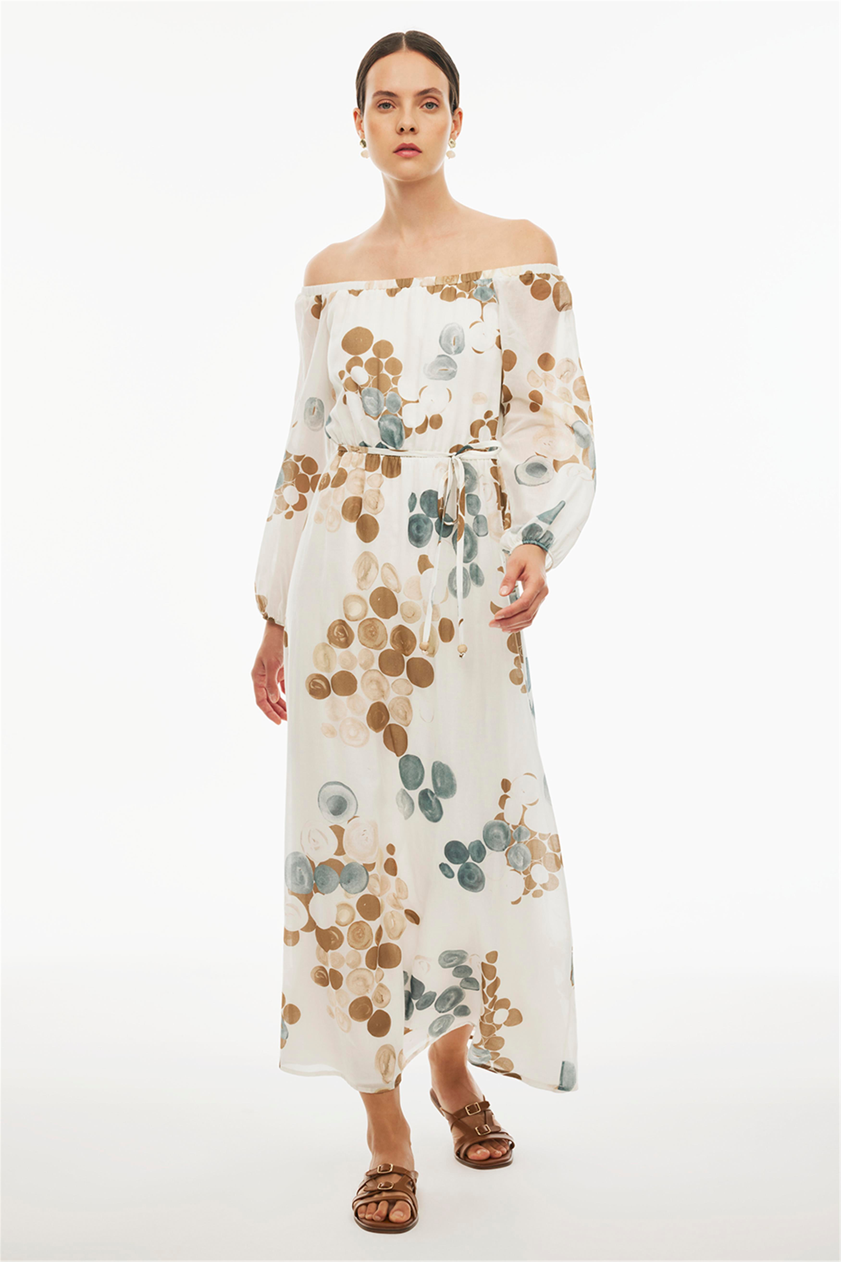 Daylight Regular Fit Puantiye Desenli Bilek Boy Reglan Kol Kayık Yaka Çok Renkli Elbise