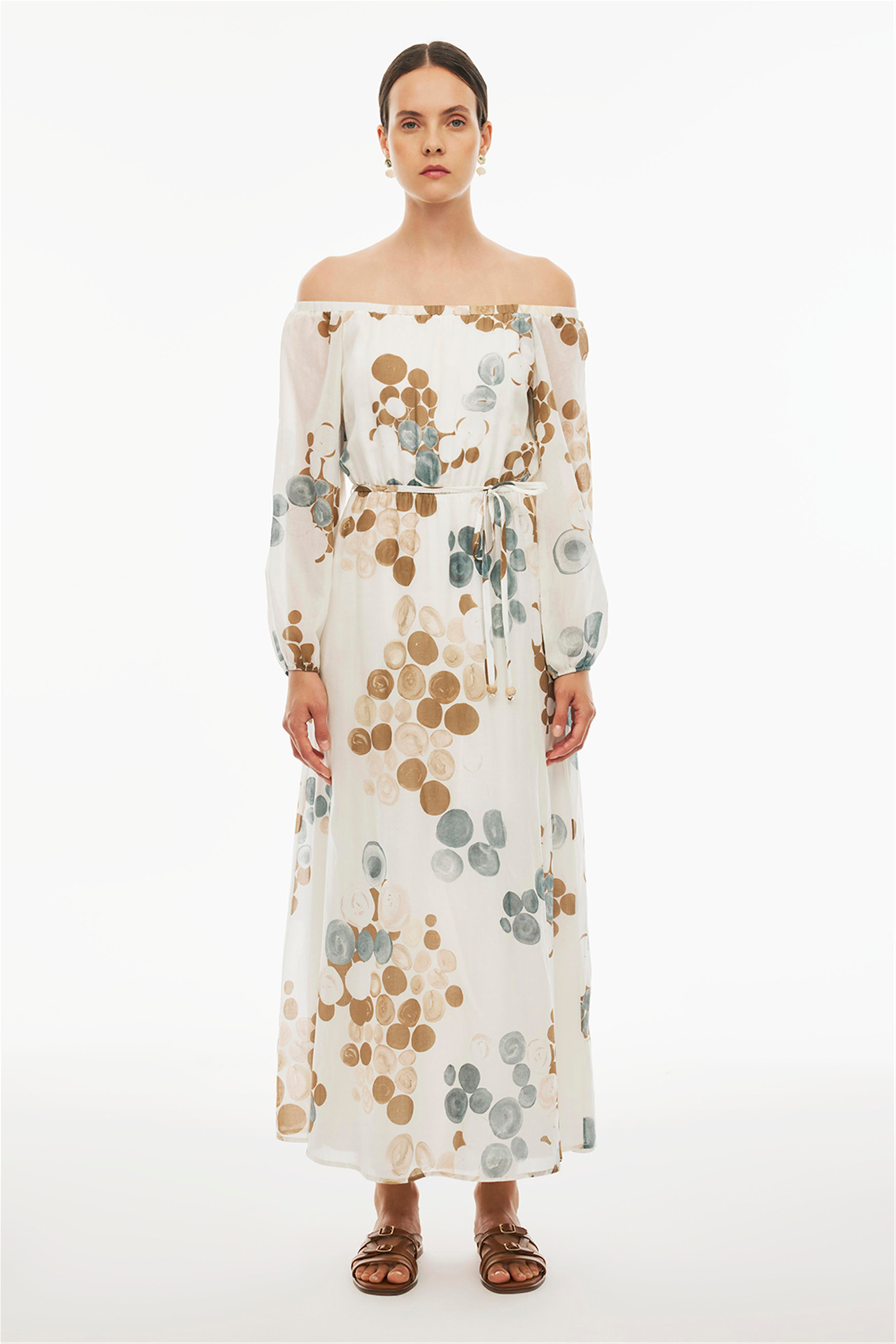 Daylight Regular Fit Puantiye Desenli Bilek Boy Reglan Kol Kayık Yaka Çok Renkli Elbise