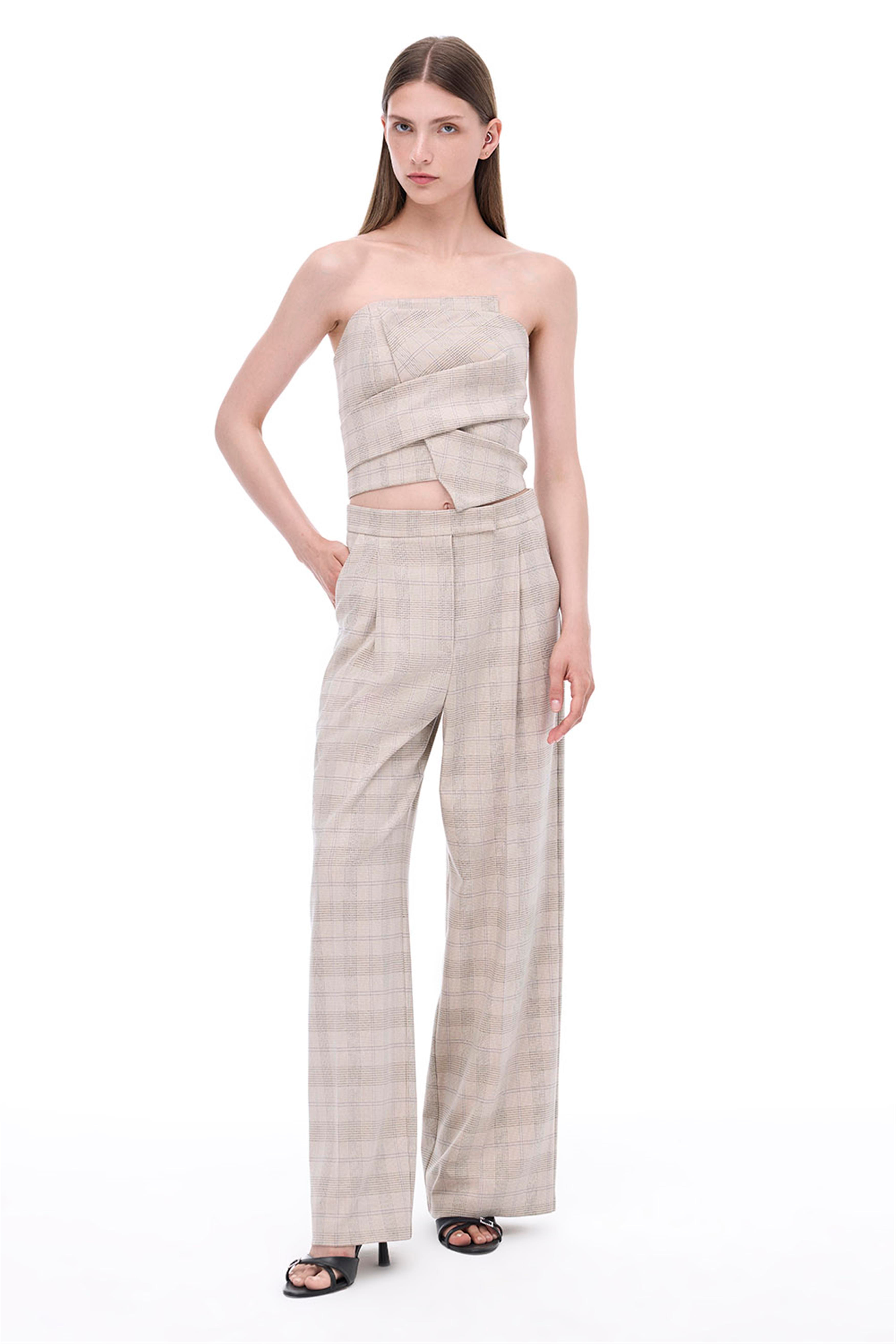 Daysee Rahat Kalıp Ekose Desen Uzun Boy Bej Pantolon