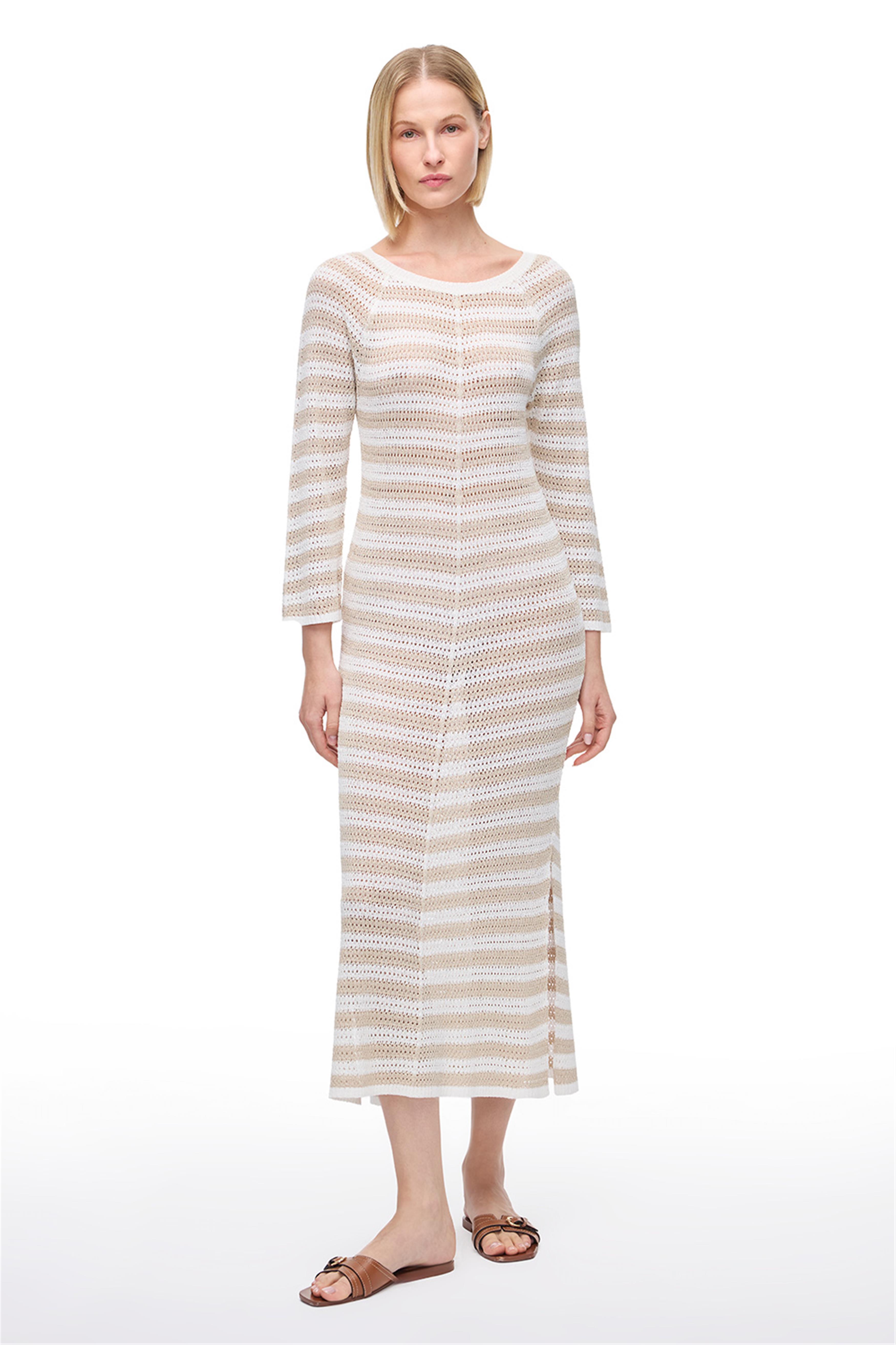 Ekru Bej Raglan Kol Triko Elbise