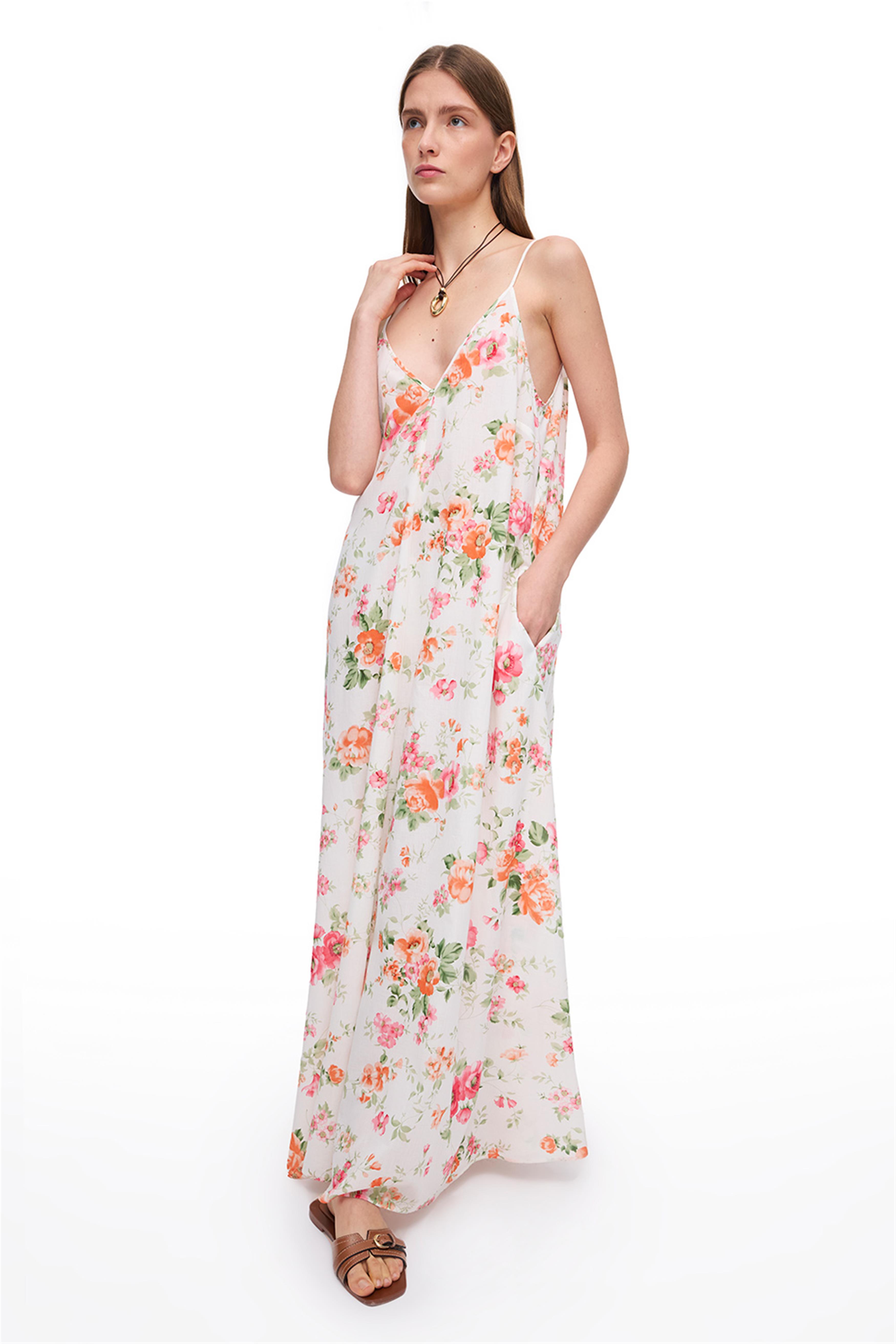 Ekru Çiçek Desenli Uzun Elbise