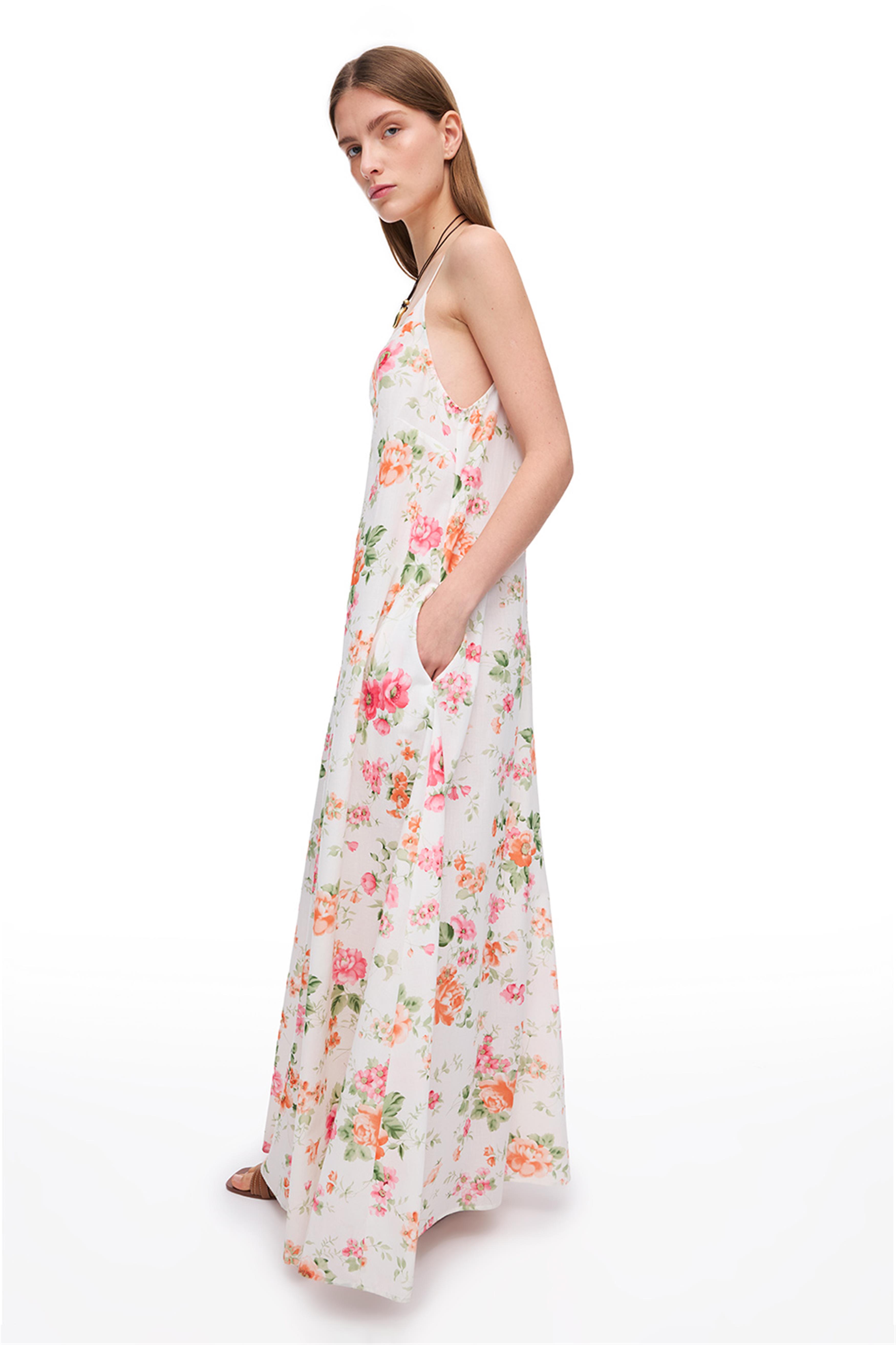 Ekru Çiçek Desenli Uzun Elbise