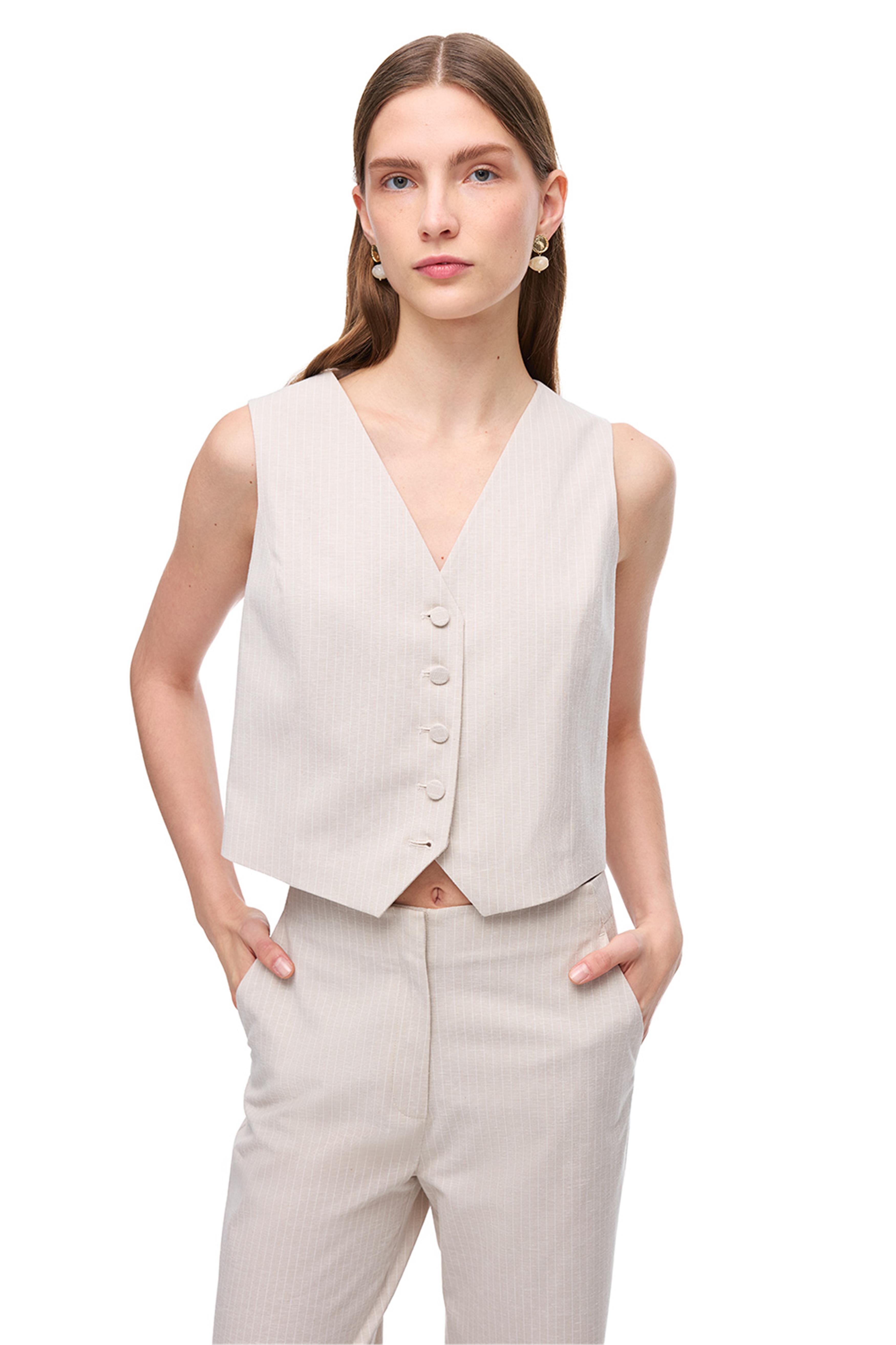 Ekru Çizgili V Yaka Yelek