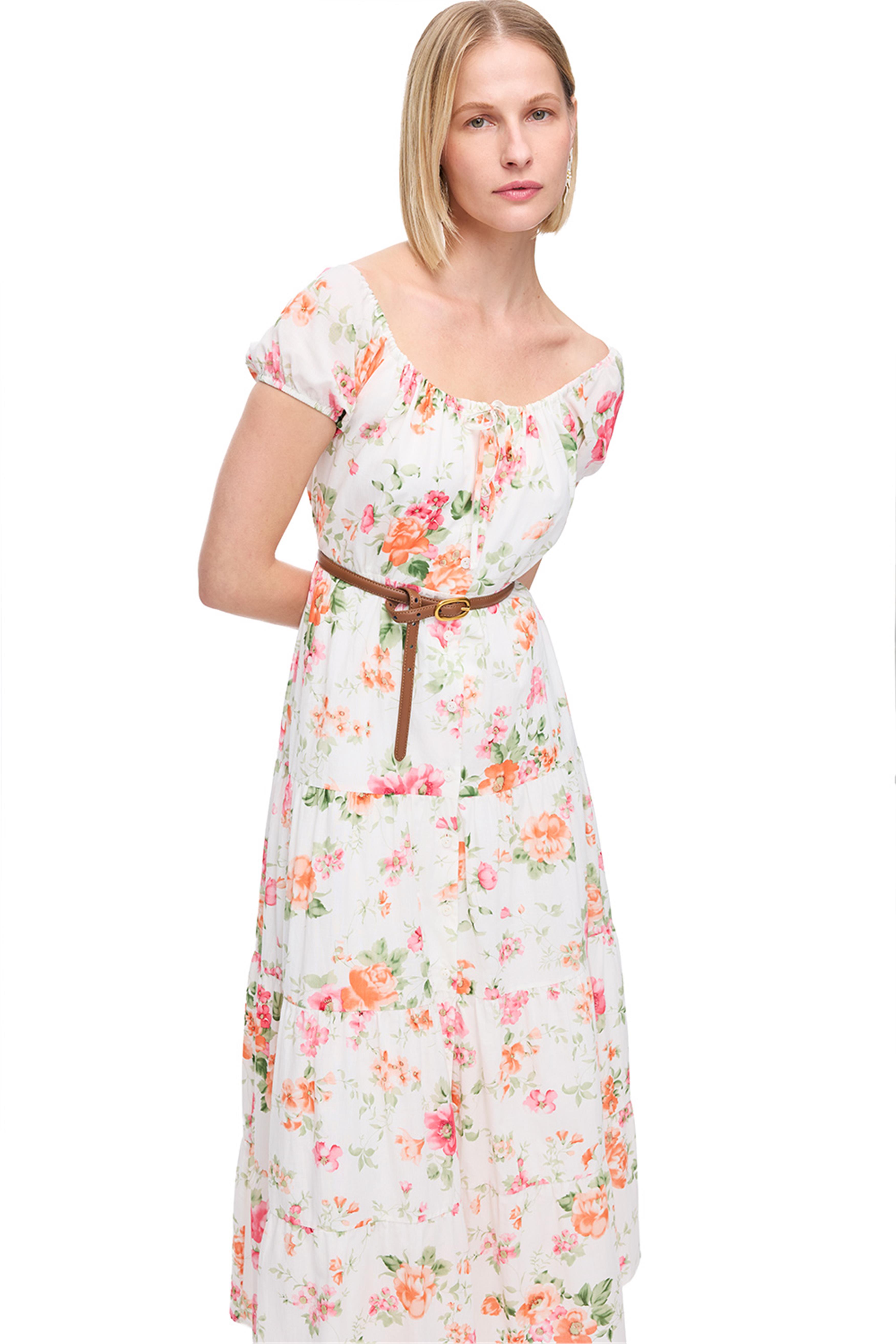 Ekru Clios Regular Fit Çiçekli Uzun Boy Elbise