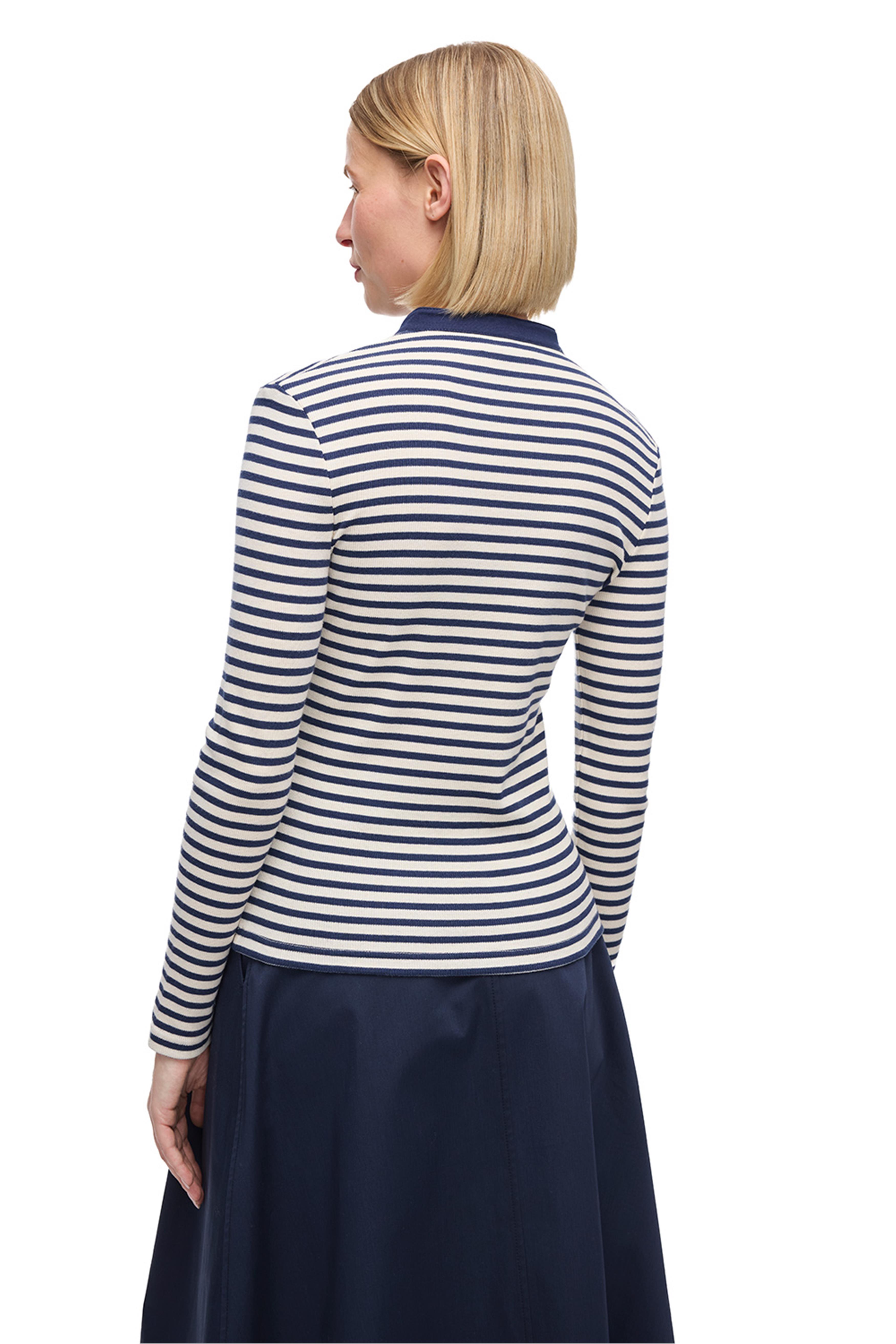 Ekru Lacivert Düğmeli Uzun Kollu Pamuklu Tişört