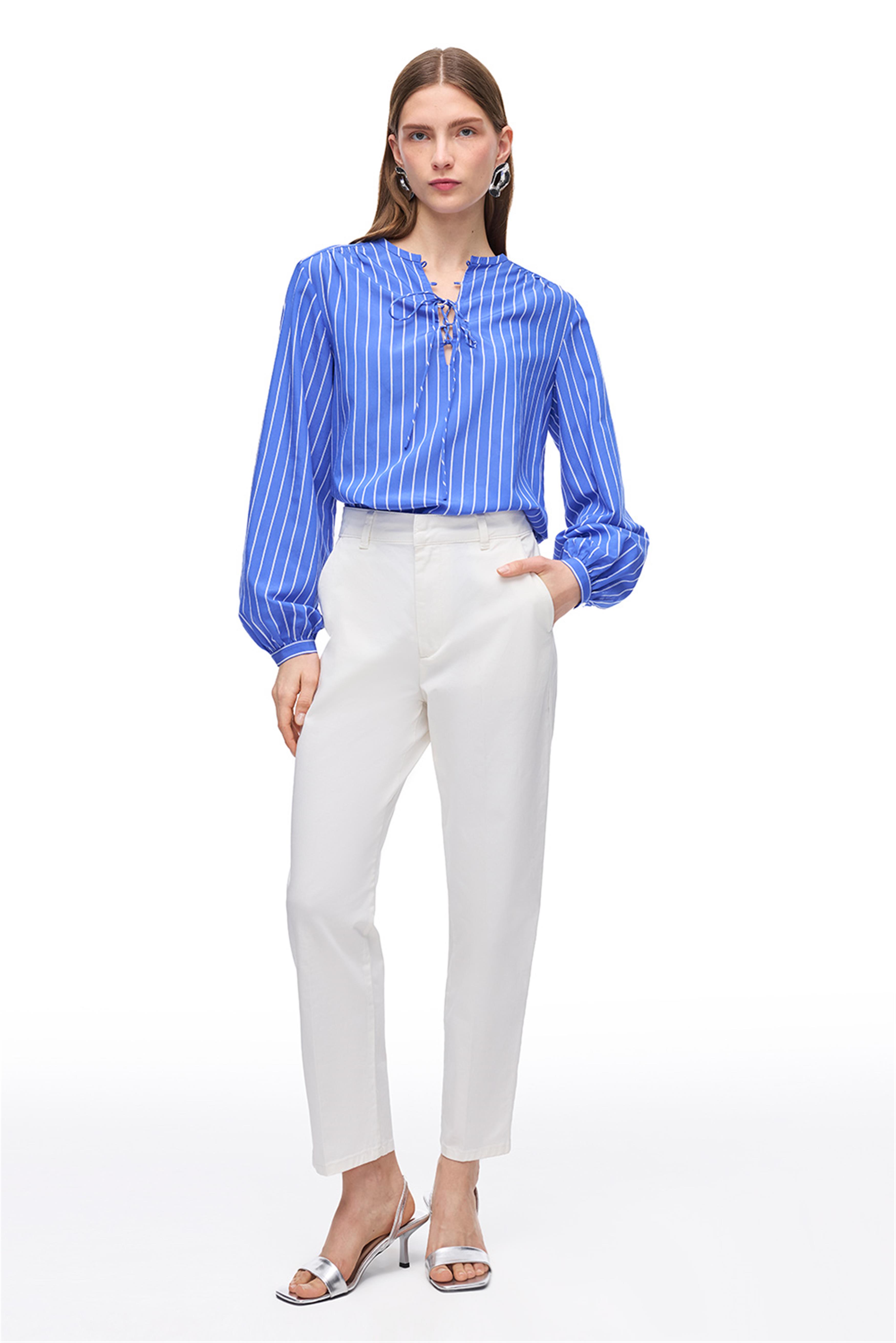 Ekru Yüksek Bel Bilek Boy Düz Paça Denim Pantolon