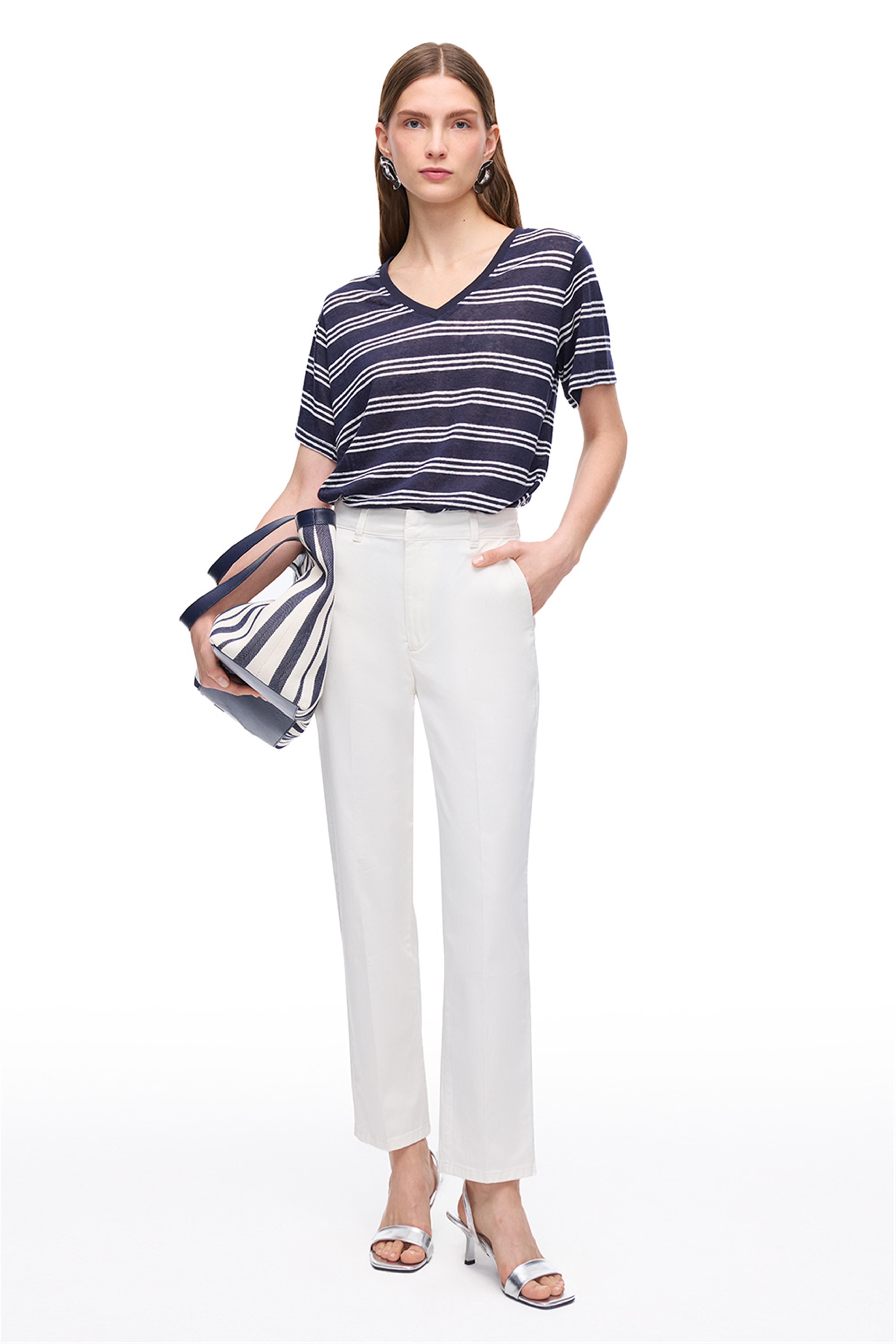 Ekru Yüksek Bel Bilek Boy Düz Paça Denim Pantolon