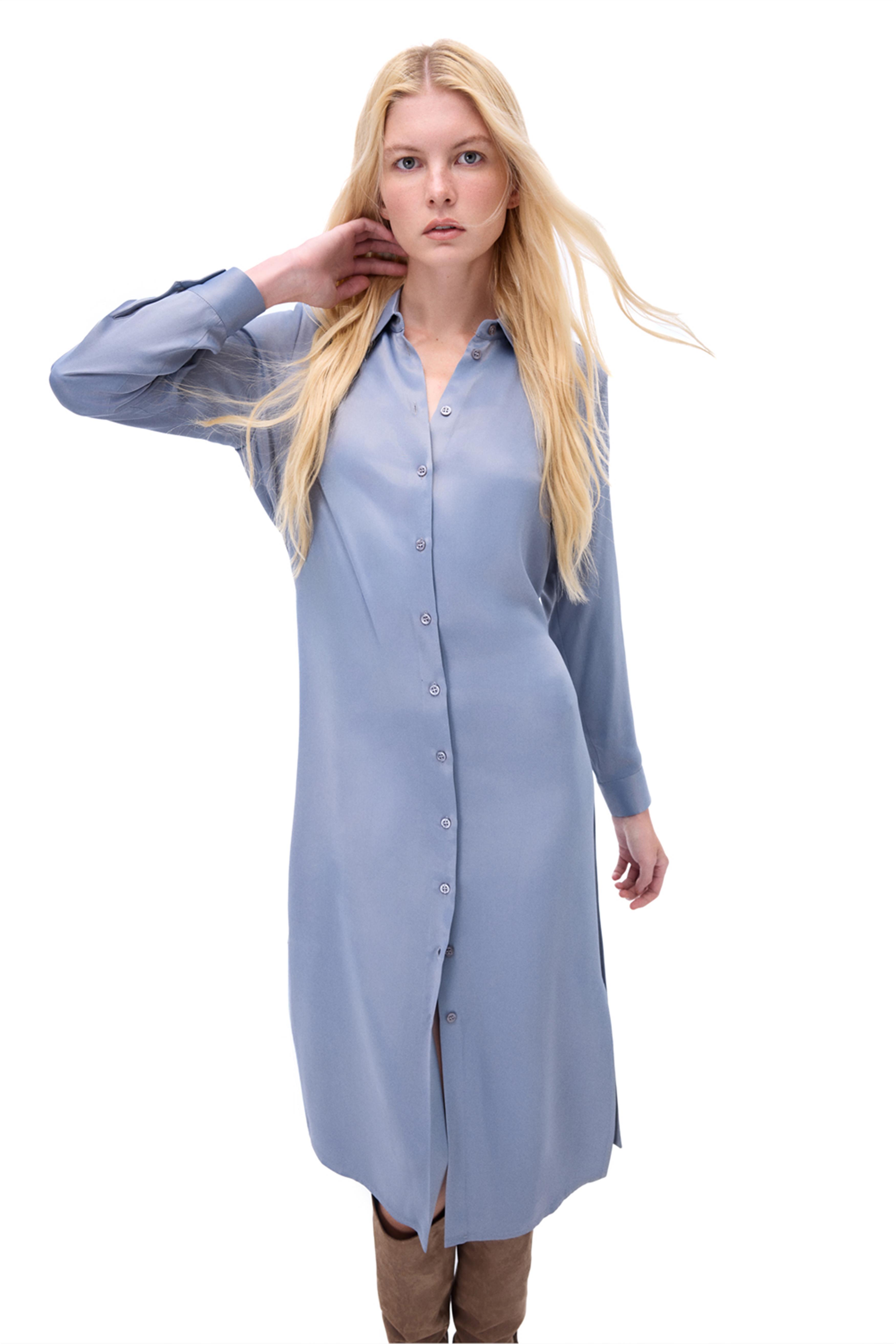 Gri Gömlek Yaka Midi Elbise