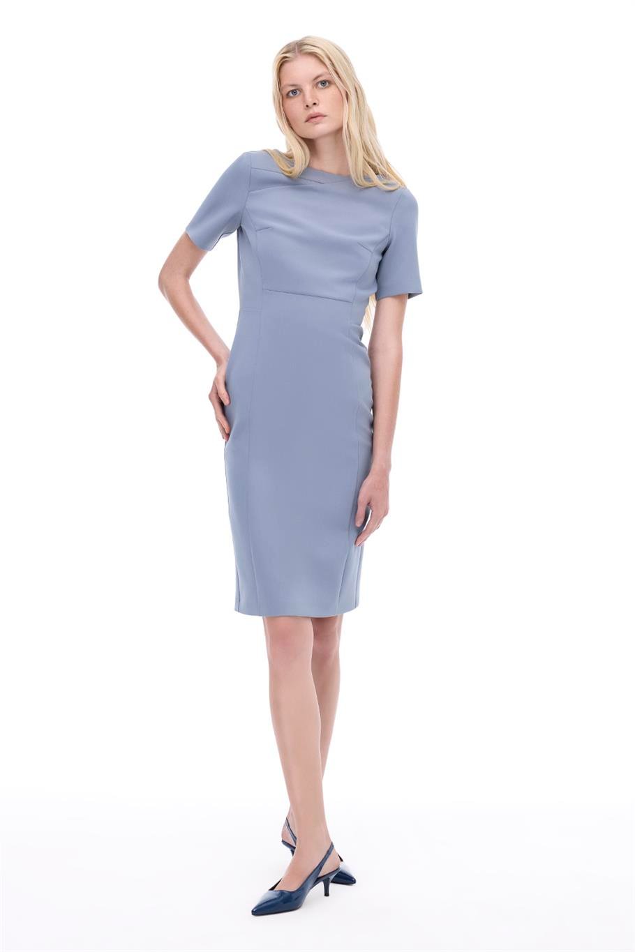 Gri Kayık Yaka Midi Elbise