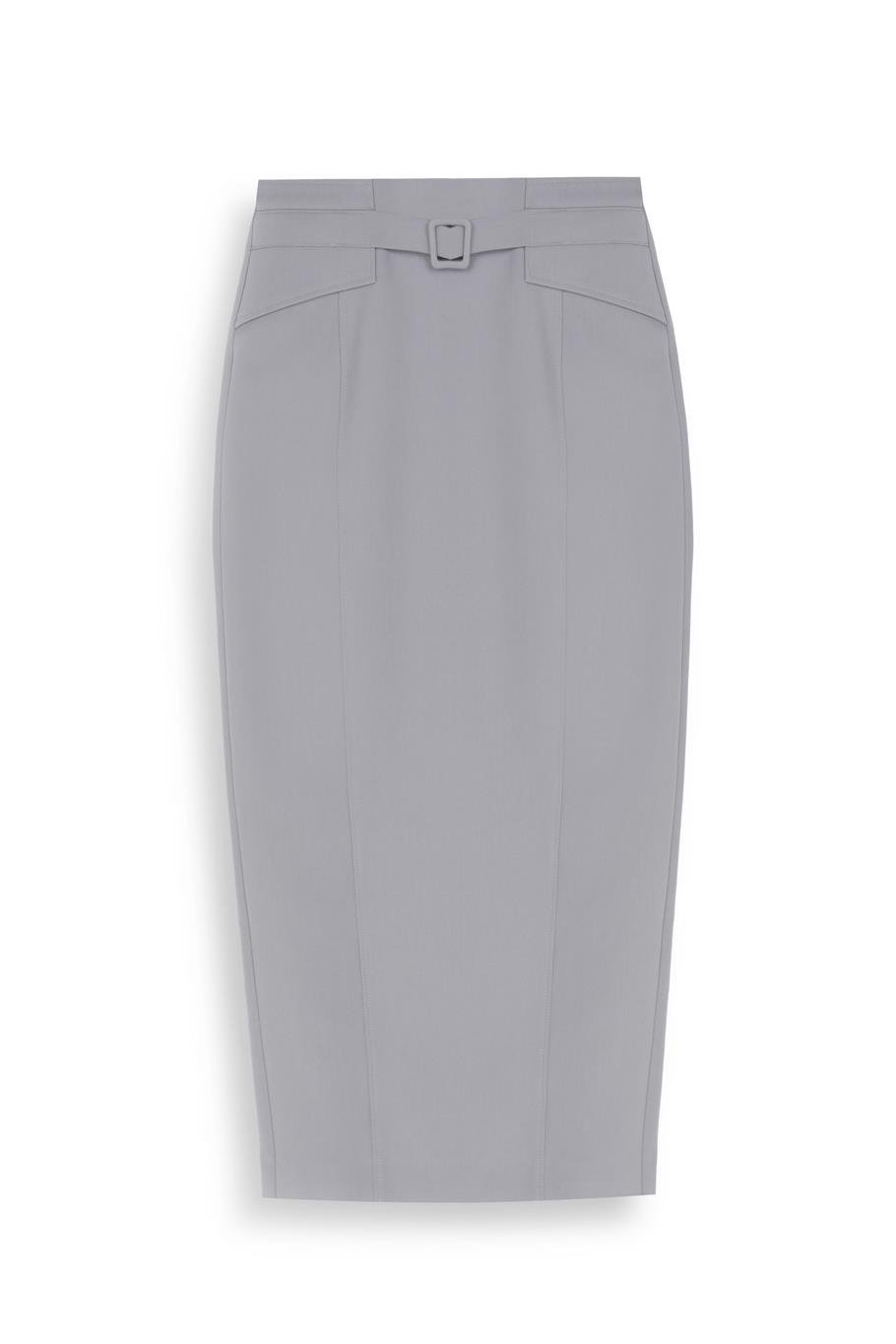 Gri Yüksek Bel Midi Etek