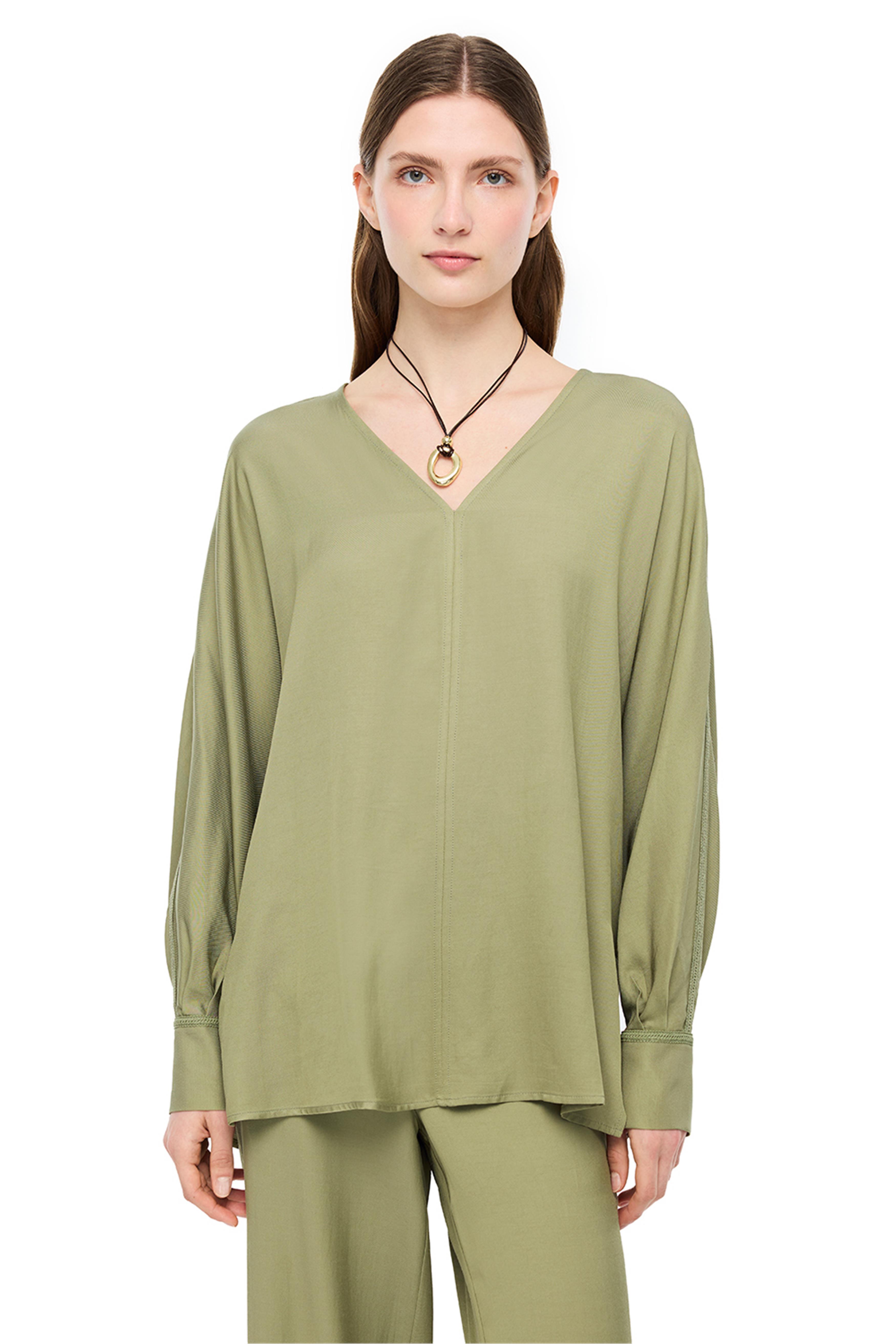 Haki Gömlek Yaka Uzun Kollu İpek Karışımlı Bluz