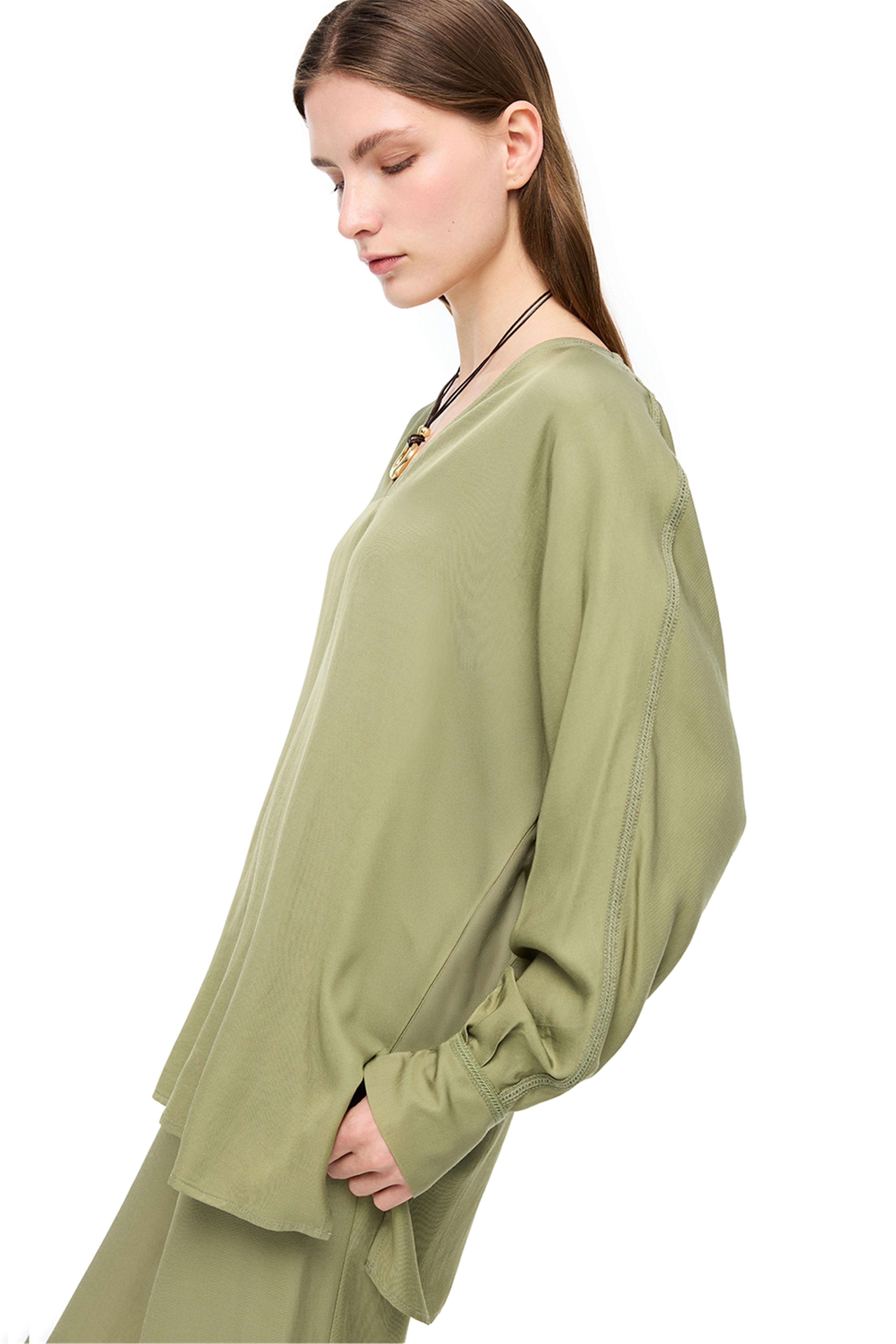 Haki Gömlek Yaka Uzun Kollu İpek Karışımlı Bluz