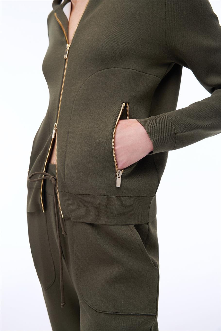 Haki Triko Rahat Kalıp Kapüşonlu Triko Hırka