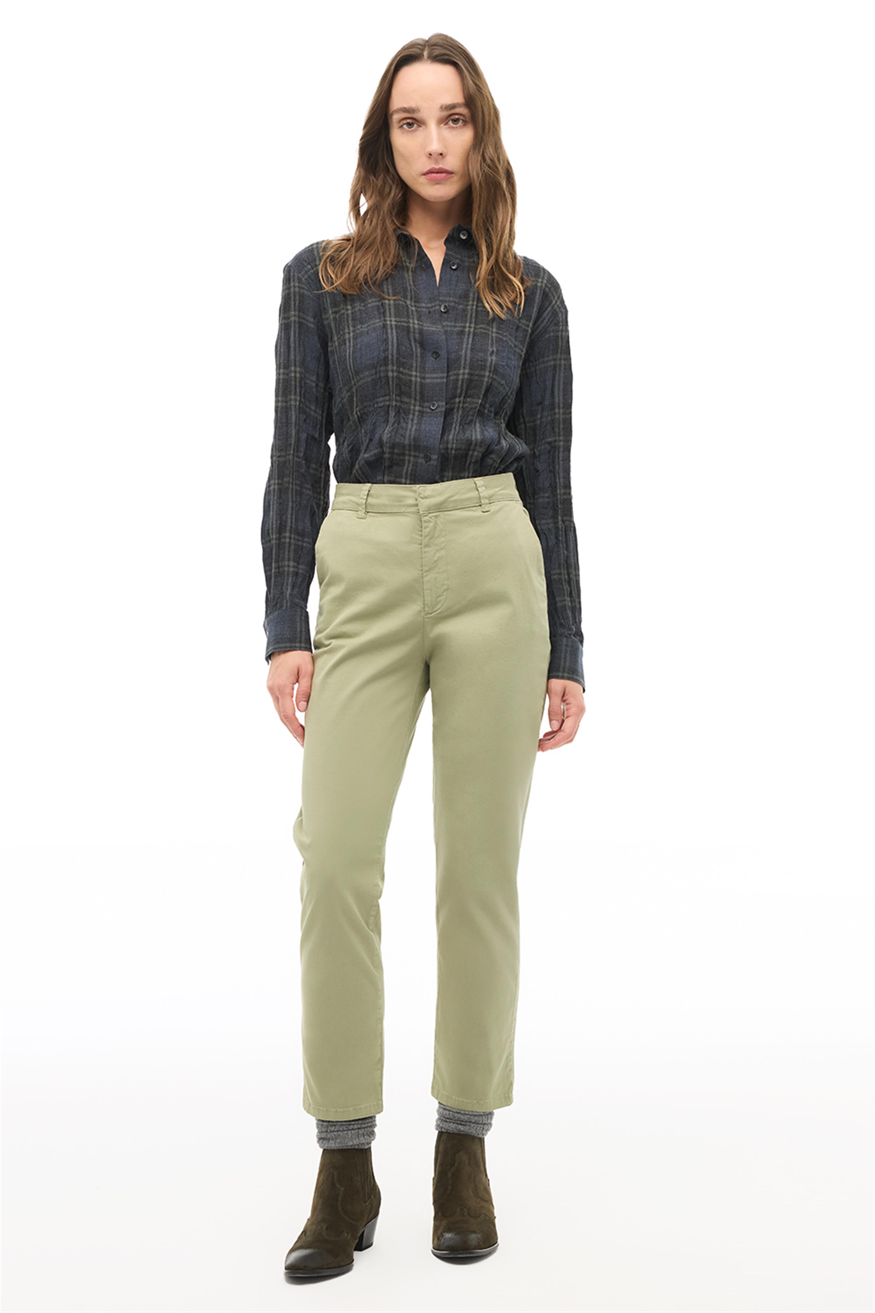 Haki Yüksek Bel Bilek Boy Düz Paça Denim Pantolon