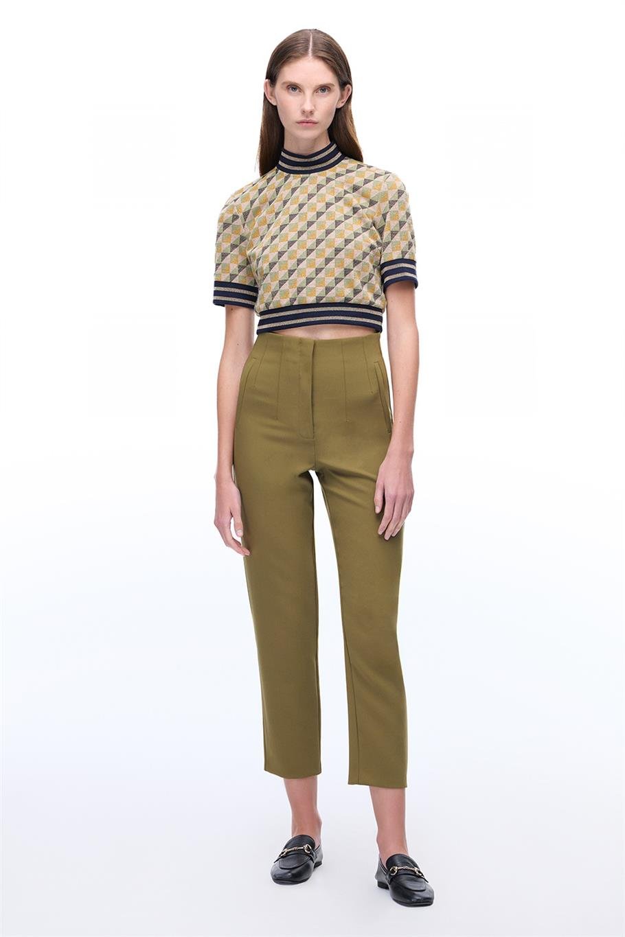 Haki Yüksek Bel Dar Paça Pantolon
