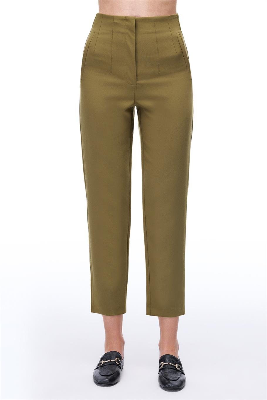 Haki Yüksek Bel Dar Paça Pantolon