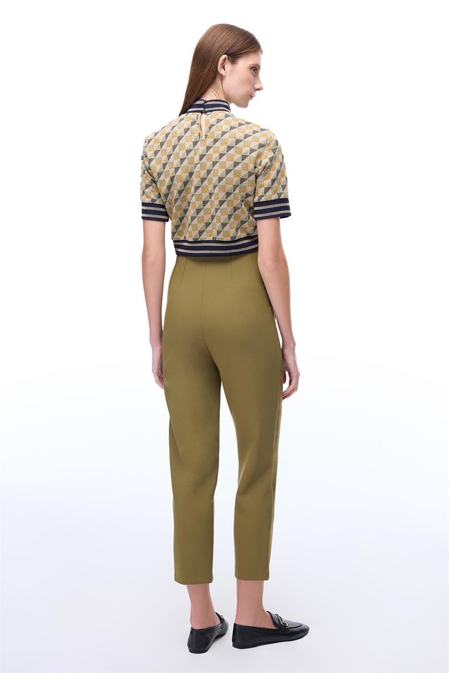Haki Yüksek Bel Dar Paça Pantolon