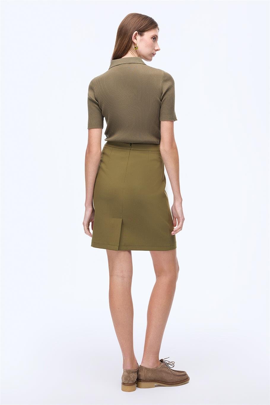 Haki Yüksek Bel Slim Fit Diz Üstü Etek