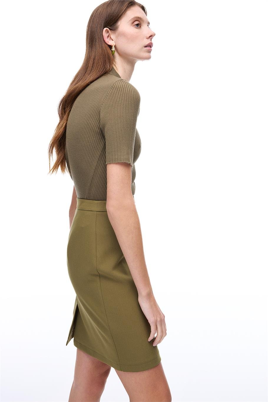 Haki Yüksek Bel Slim Fit Diz Üstü Etek